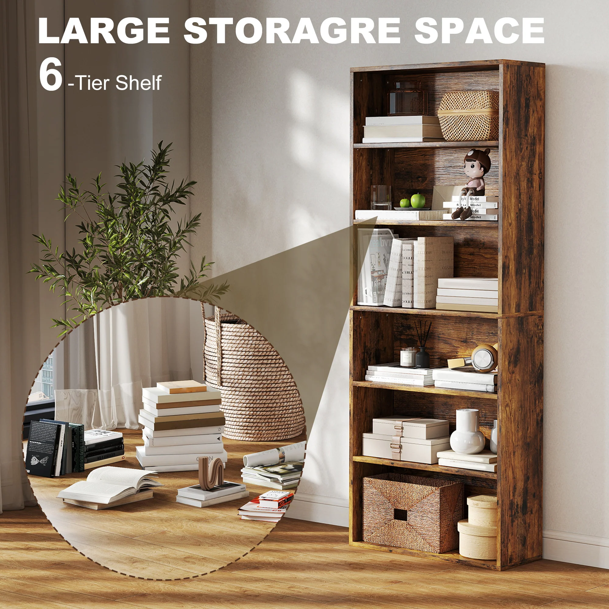 HOMCOM 6 Tier Bookshelf, Freestanding Bookcase with Adjustable Shelves - Image 3