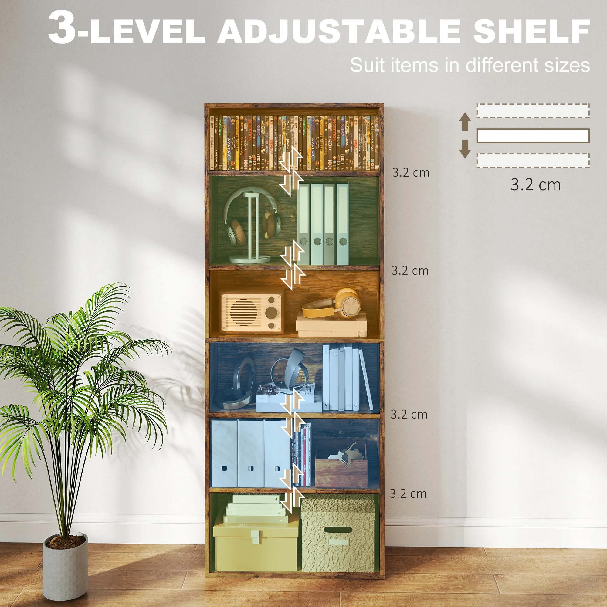 HOMCOM 6 Tier Bookshelf, Freestanding Bookcase with Adjustable Shelves - Image 4