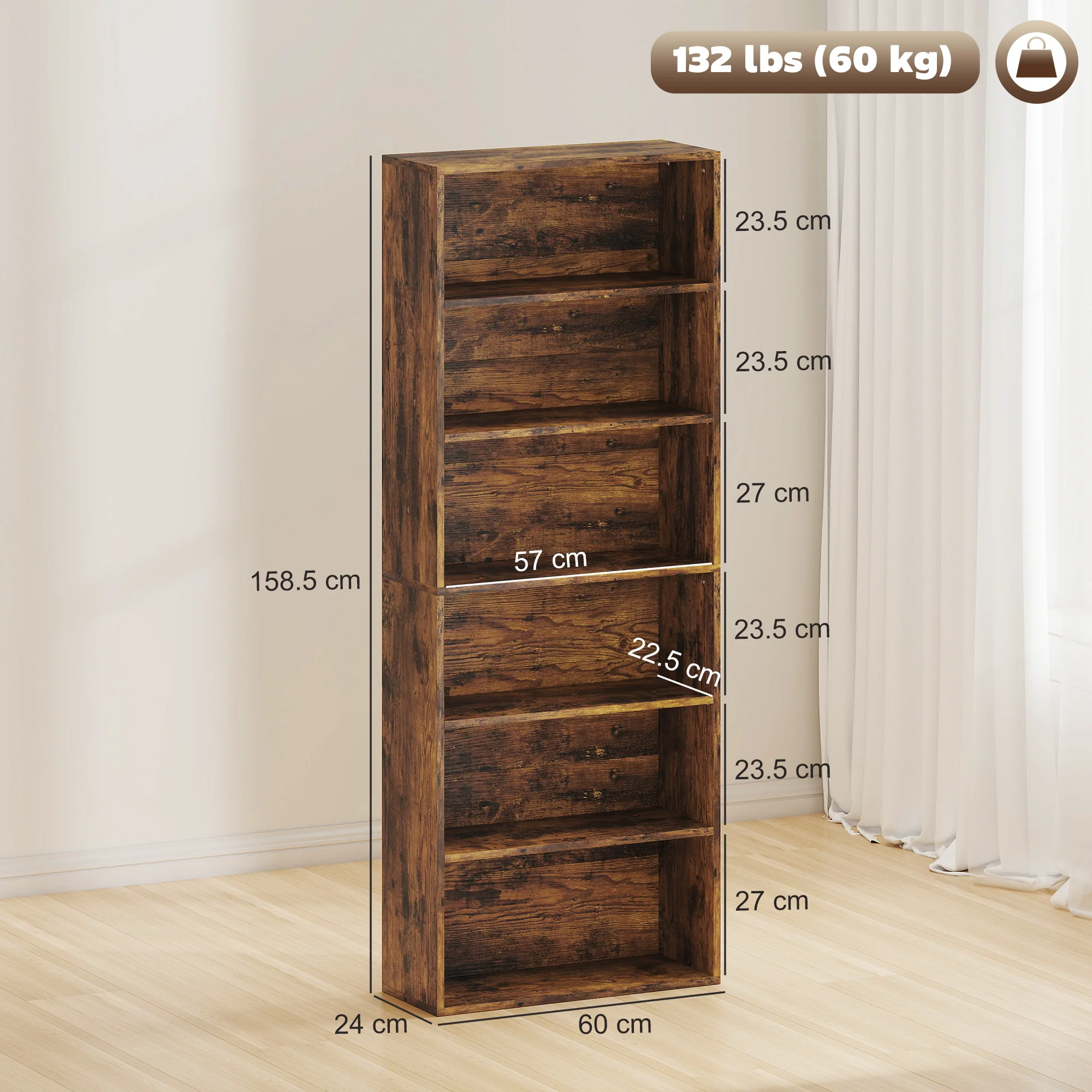 HOMCOM 6 Tier Bookshelf, Freestanding Bookcase with Adjustable Shelves - Image 5