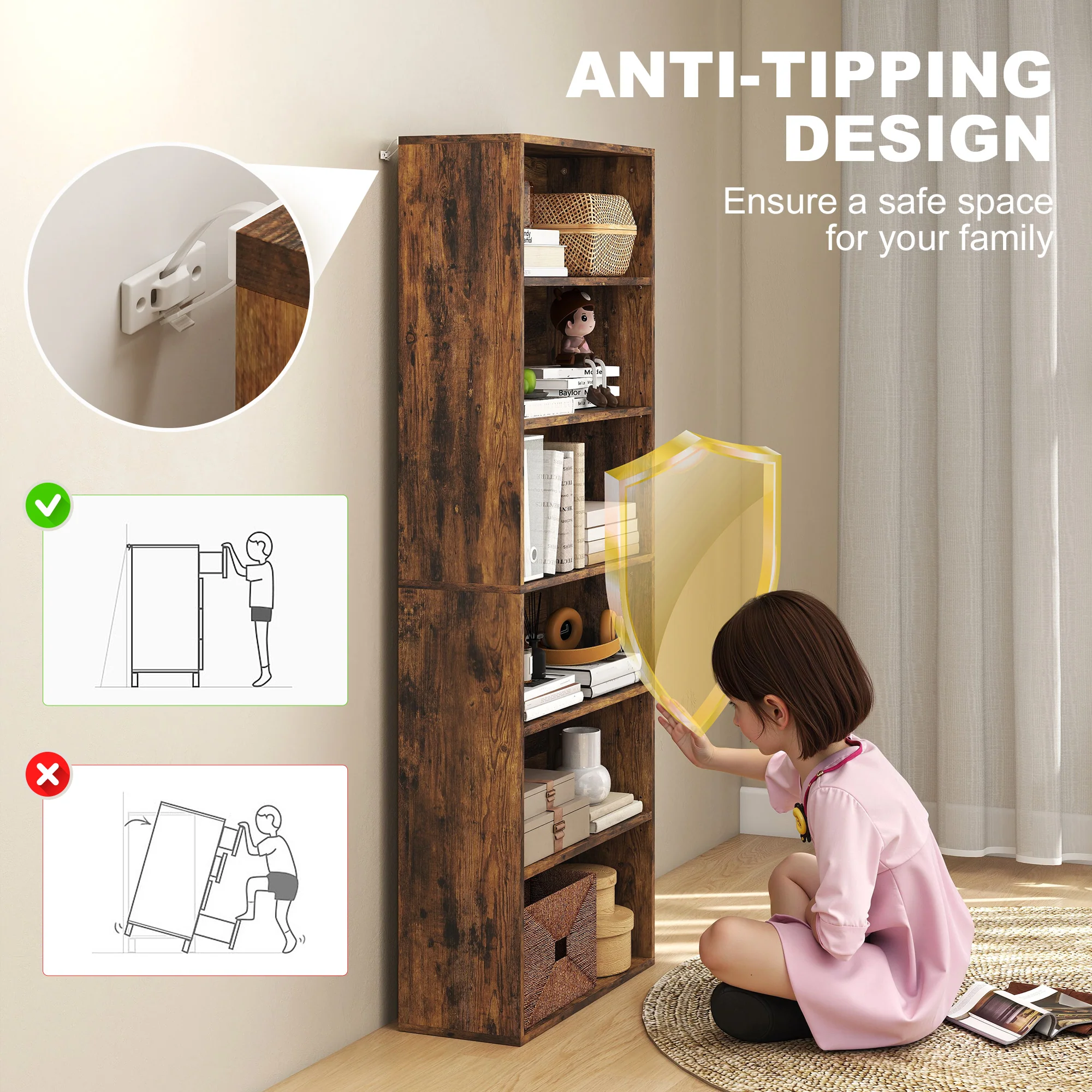 HOMCOM 6 Tier Bookshelf, Freestanding Bookcase with Adjustable Shelves - Image 6