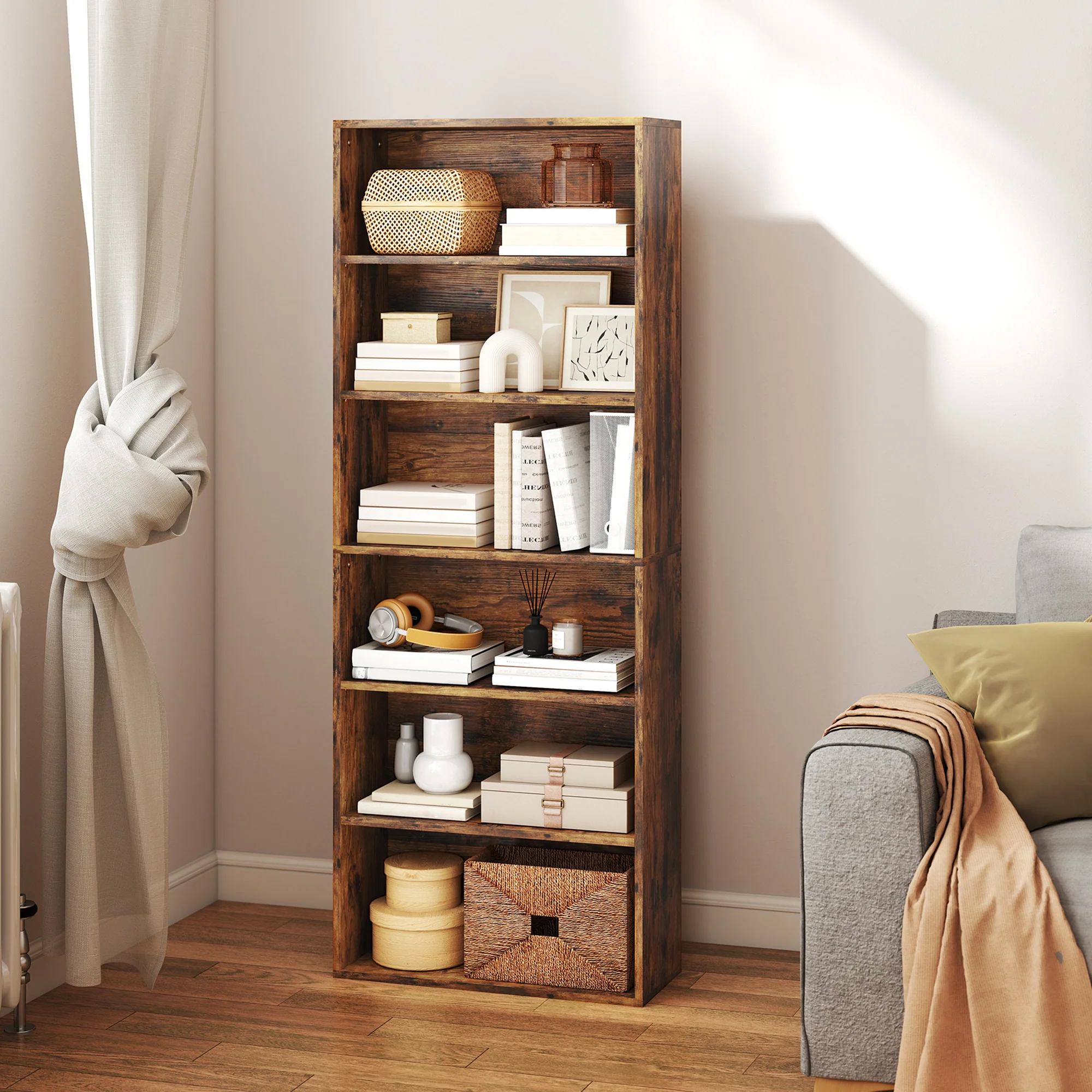 HOMCOM 6 Tier Bookshelf, Freestanding Bookcase with Adjustable Shelves - Image 9