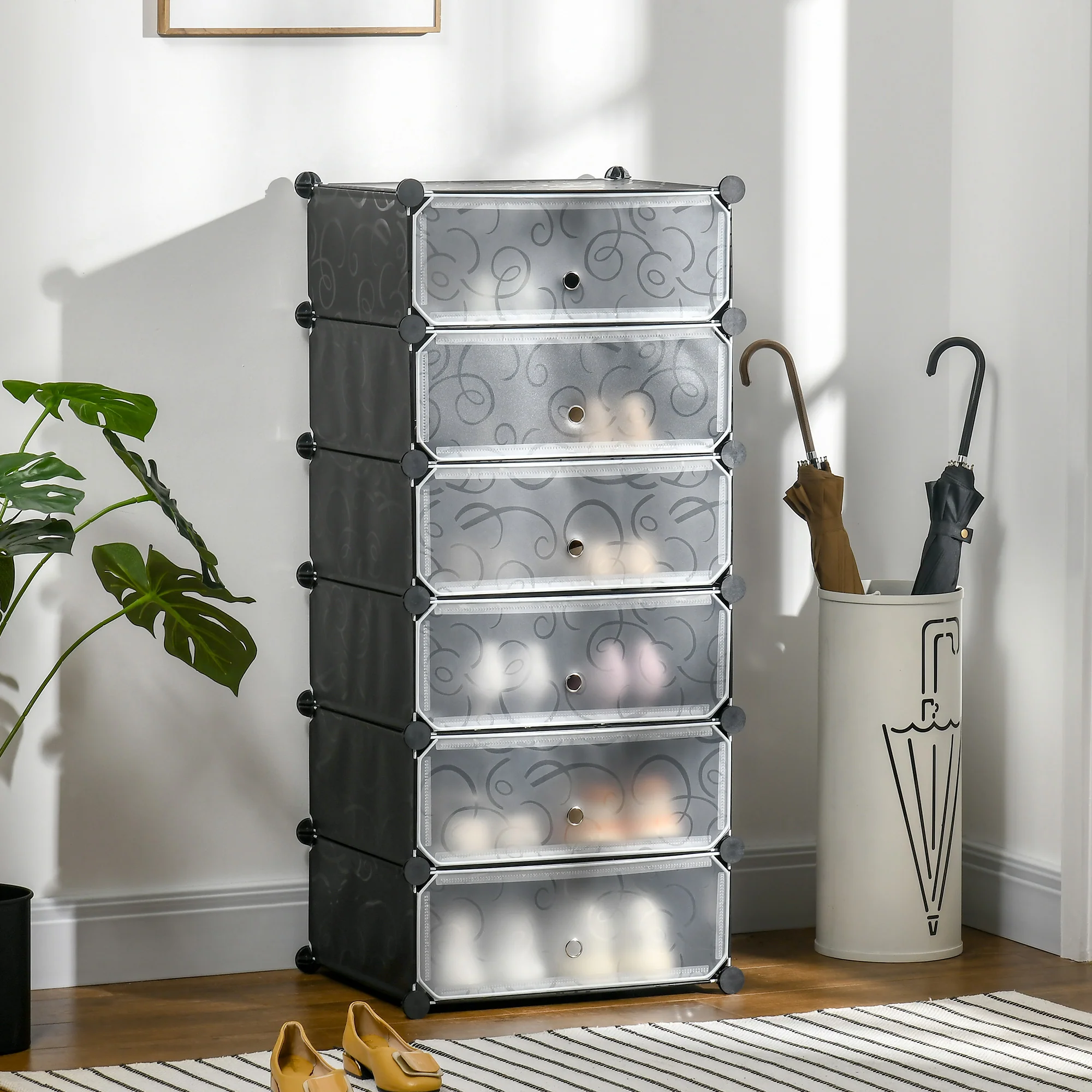 HOMCOM 6 Tier Shoe Rack Plastic Storage Cabinet Modular Shoe Tower Black - Image 2