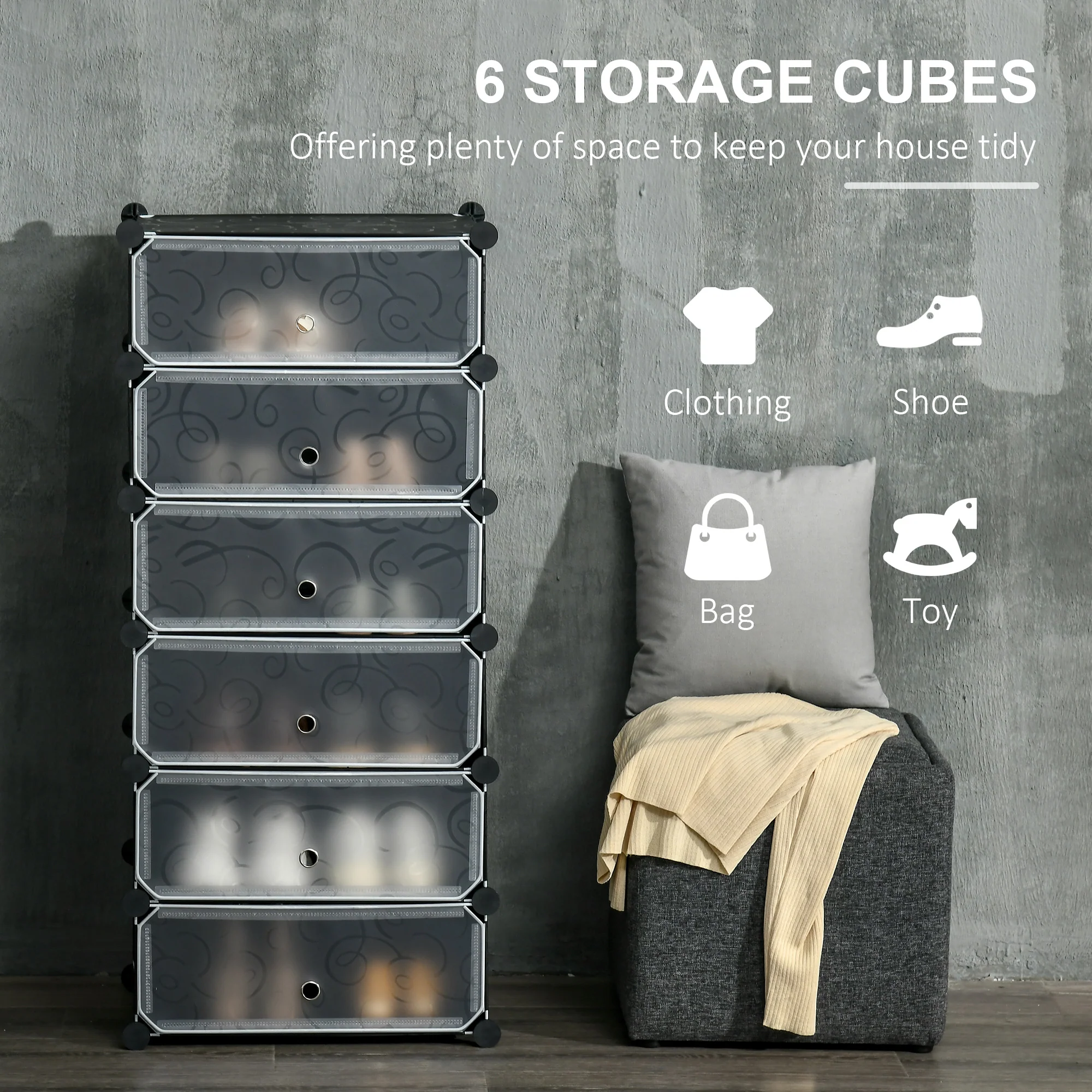 HOMCOM 6 Tier Shoe Rack Plastic Storage Cabinet Modular Shoe Tower Black - Image 3