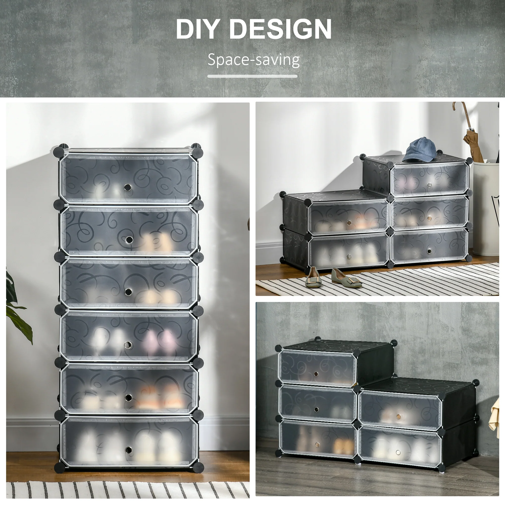 HOMCOM 6 Tier Shoe Rack Plastic Storage Cabinet Modular Shoe Tower Black - Image 4