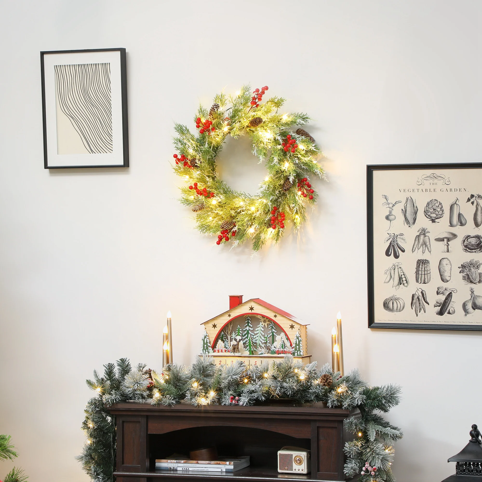 HOMCOM 60 cm Prelit Christmas Wreath, Door Wreath with Realistic Branches - Image 2