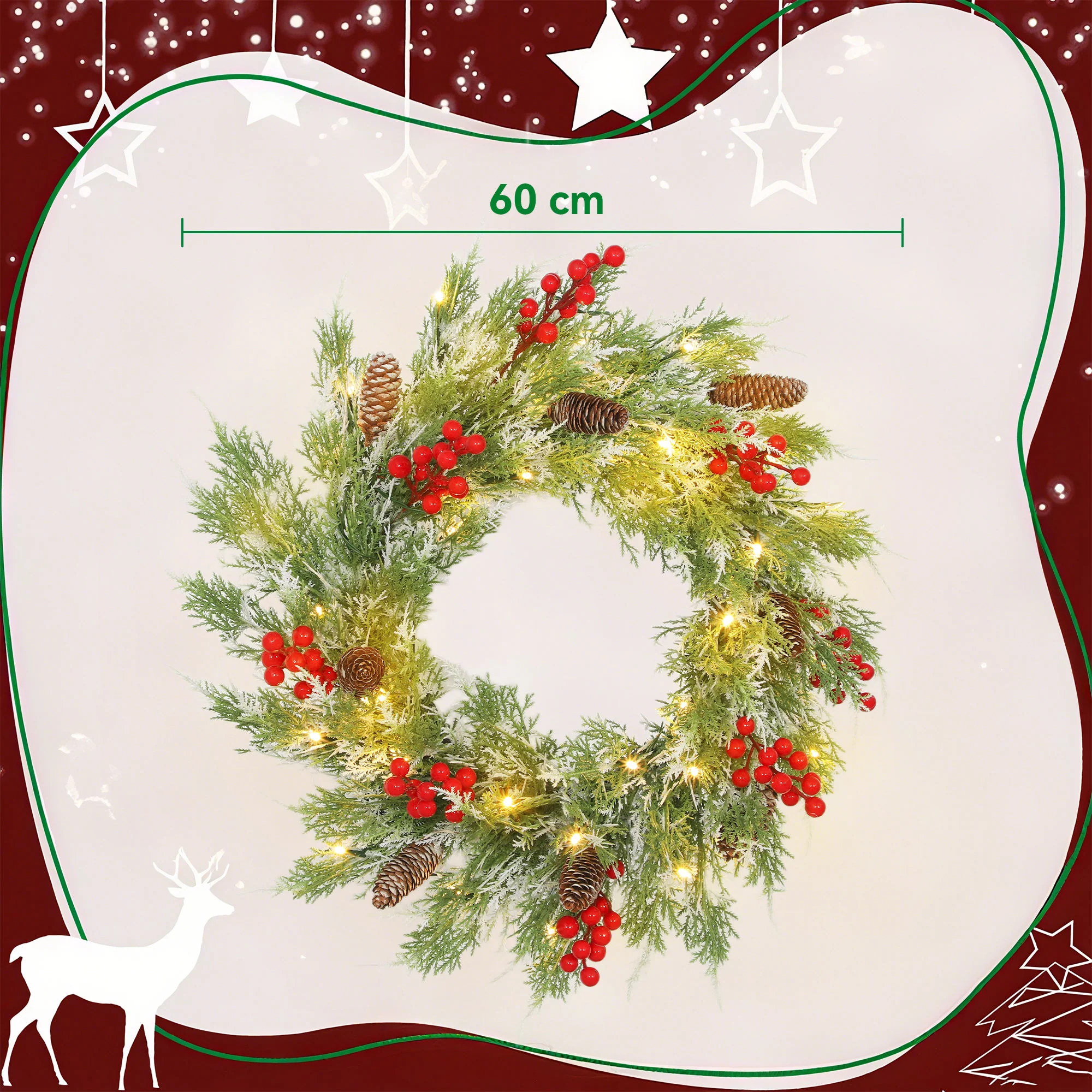 HOMCOM 60 cm Prelit Christmas Wreath, Door Wreath with Realistic Branches - Image 3