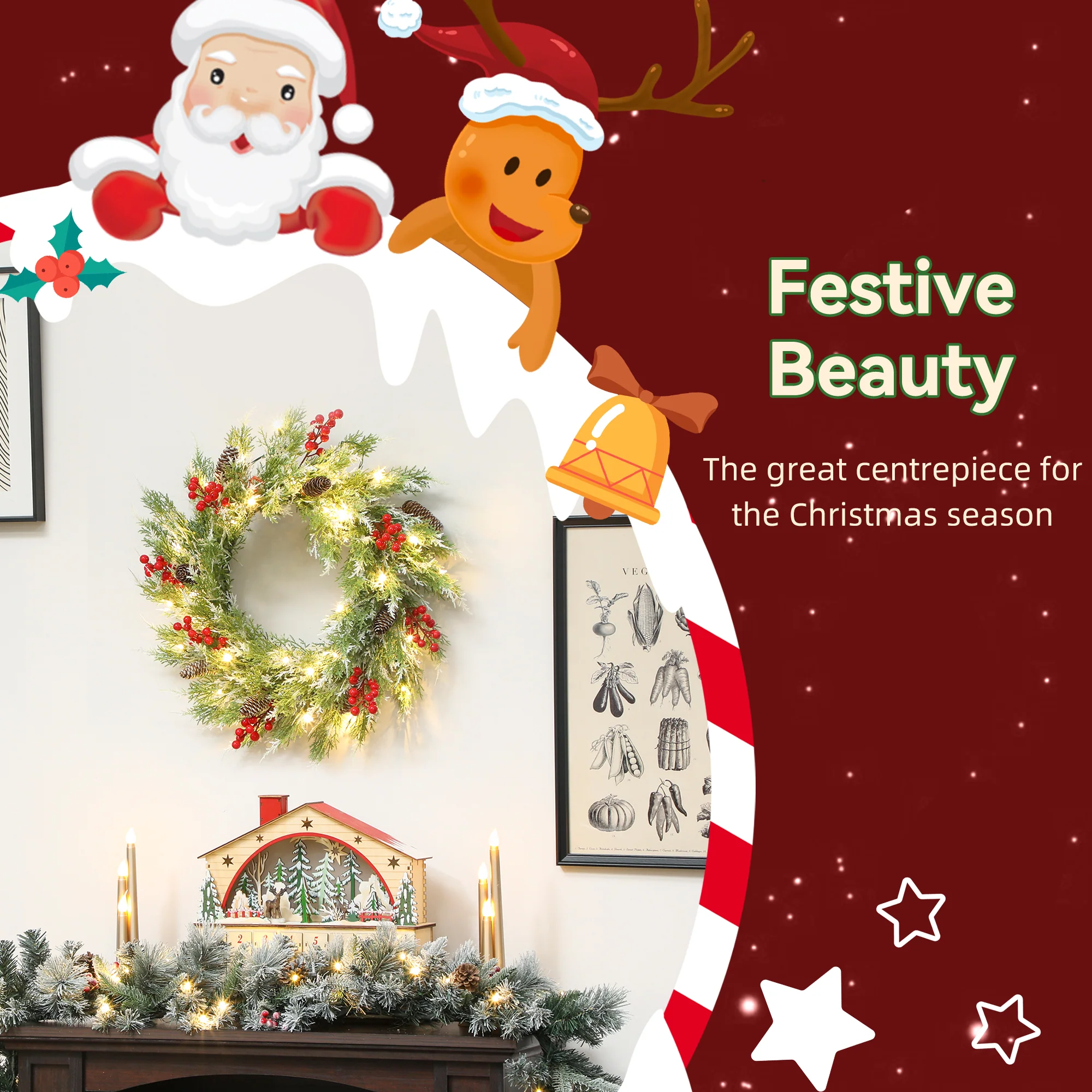 HOMCOM 60 cm Prelit Christmas Wreath, Door Wreath with Realistic Branches - Image 4