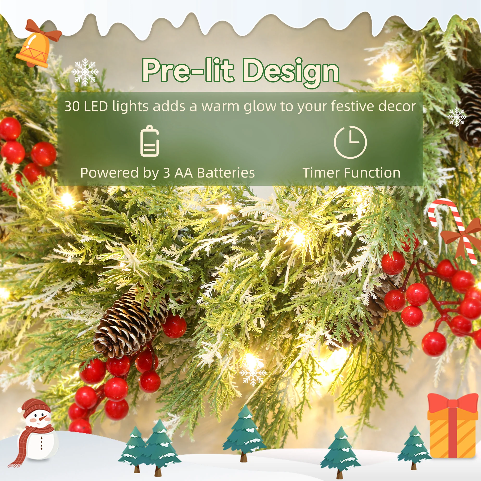 HOMCOM 60 cm Prelit Christmas Wreath, Door Wreath with Realistic Branches - Image 5