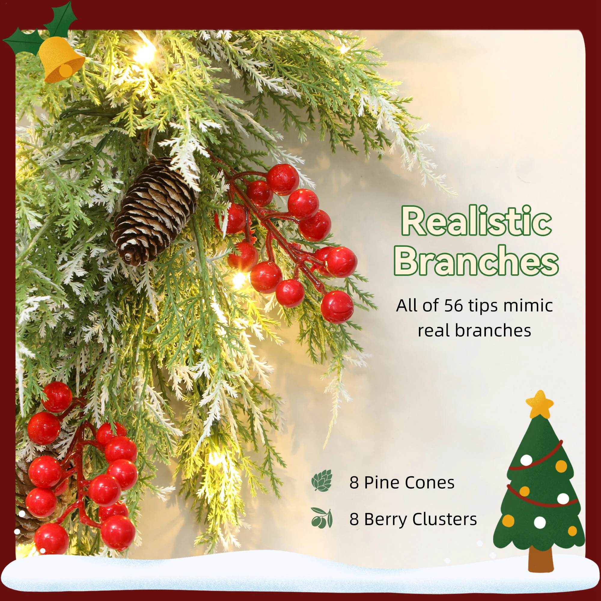 HOMCOM 60 cm Prelit Christmas Wreath, Door Wreath with Realistic Branches - Image 6