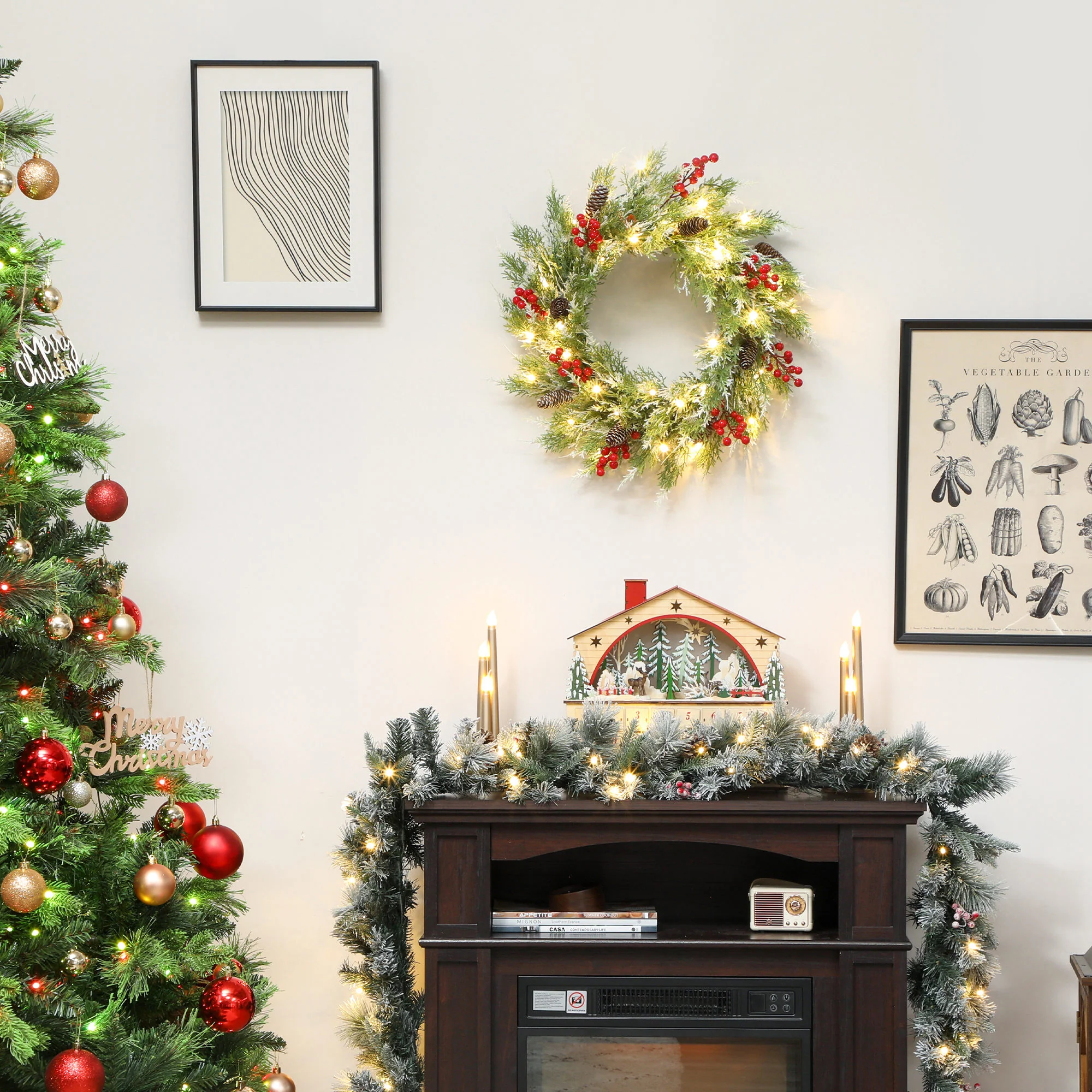HOMCOM 60 cm Prelit Christmas Wreath, Door Wreath with Realistic Branches - Image 8