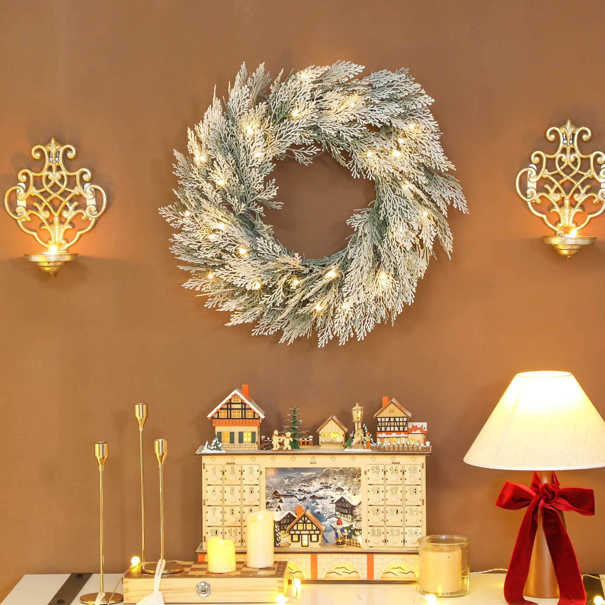 HOMCOM 60 Cm Prelit Christmas Wreath, Flocked Front Door Wreath With Timer - Image 2