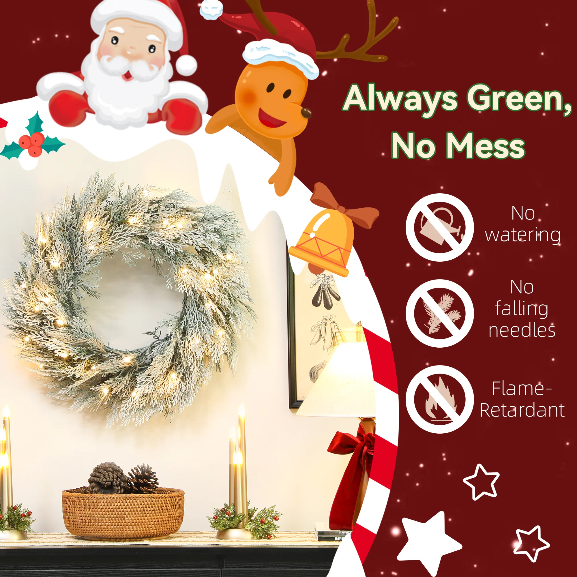 HOMCOM 60 Cm Prelit Christmas Wreath, Flocked Front Door Wreath With Timer - Image 3