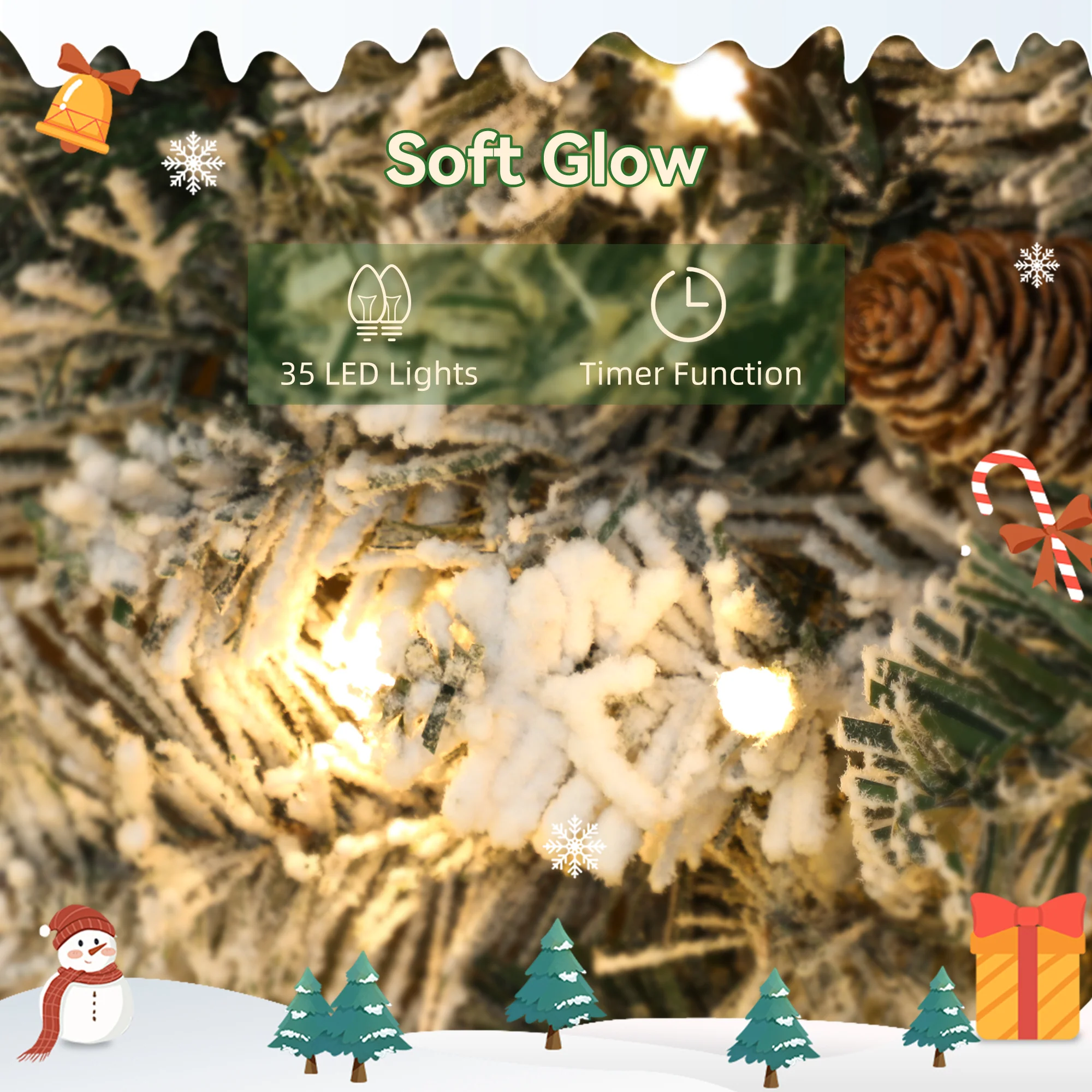 HOMCOM 60 Cm Prelit Christmas Wreath, Flocked Front Door Wreath With Timer - Image 4