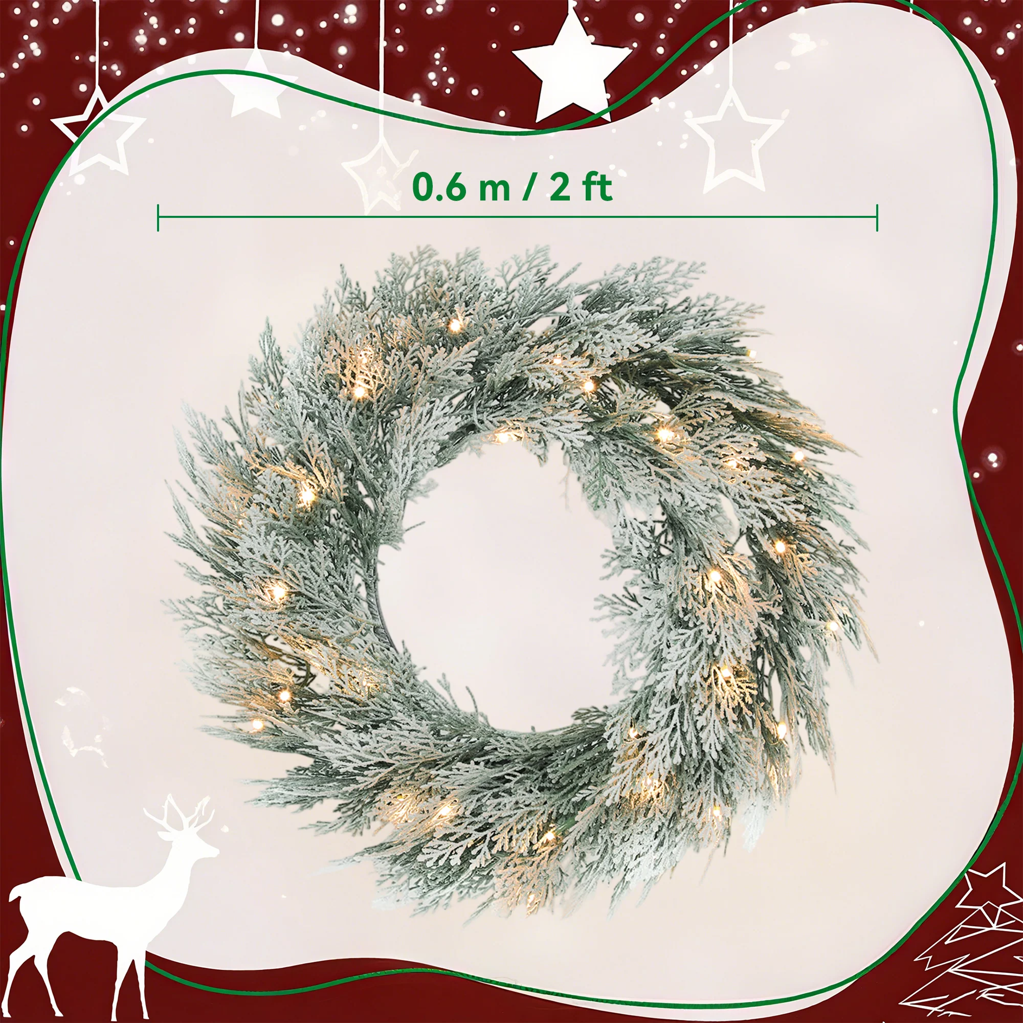 HOMCOM 60 Cm Prelit Christmas Wreath, Flocked Front Door Wreath With Timer - Image 5