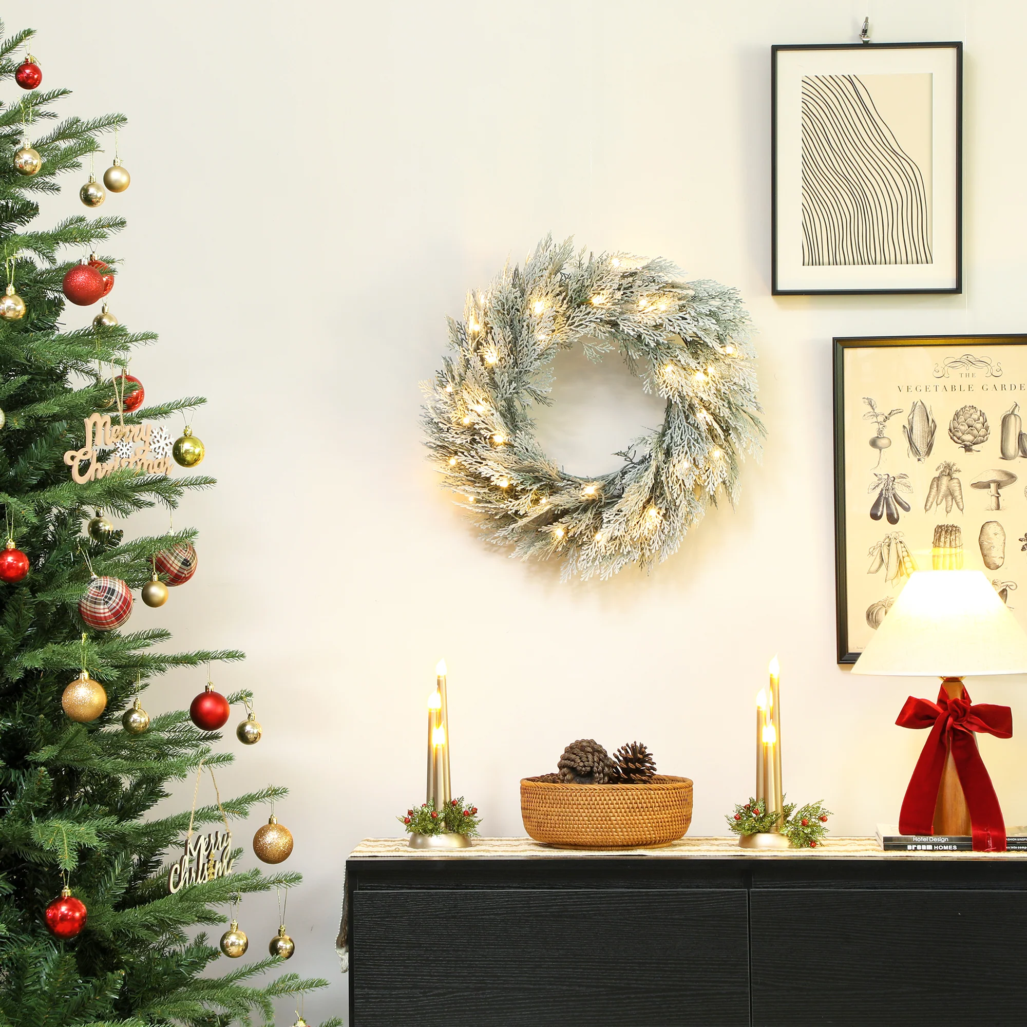 HOMCOM 60 Cm Prelit Christmas Wreath, Flocked Front Door Wreath With Timer - Image 8