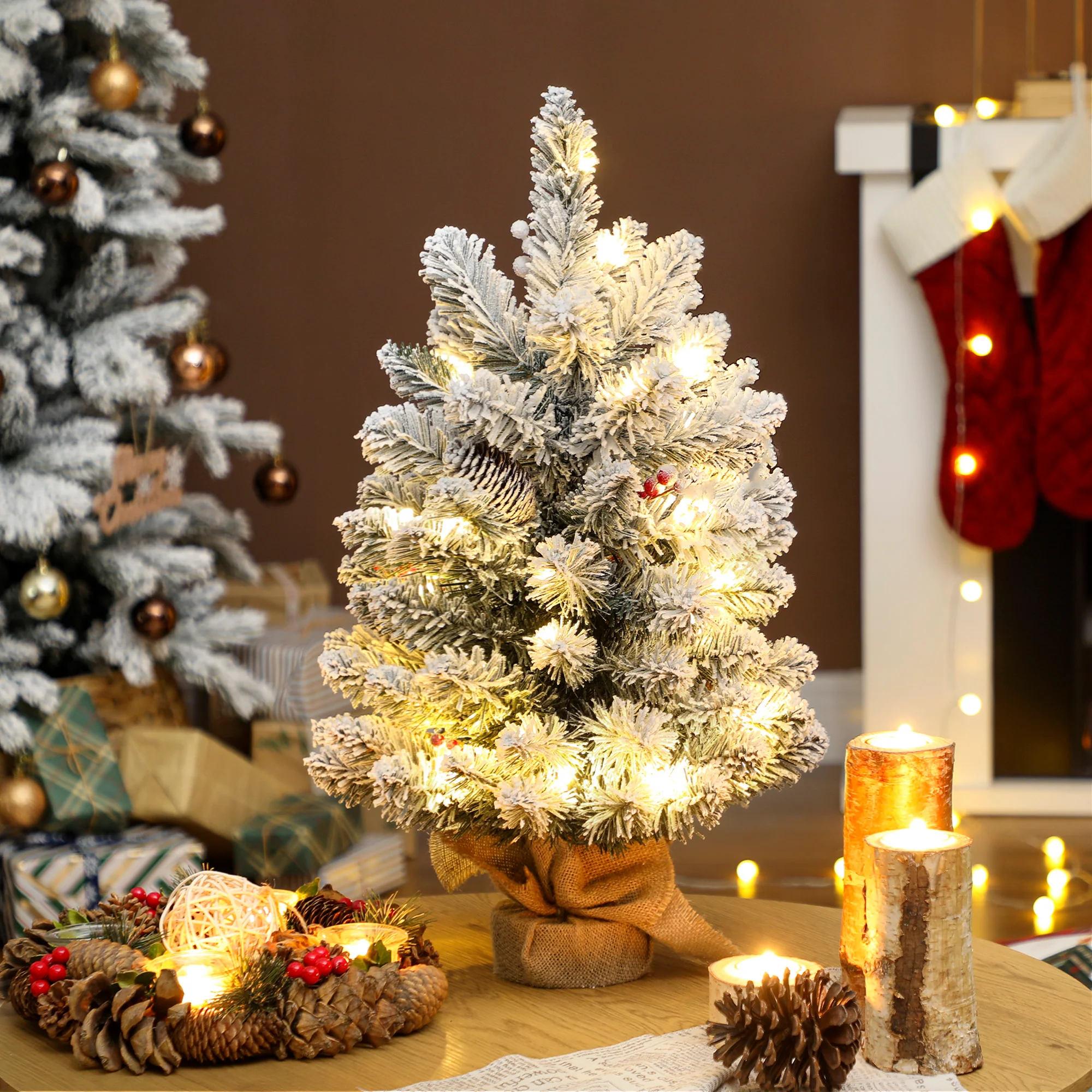 HOMCOM 60 cm Prelit Small Christmas Tree, Snow Flocked Tabletop Xmas Tree - Image 2