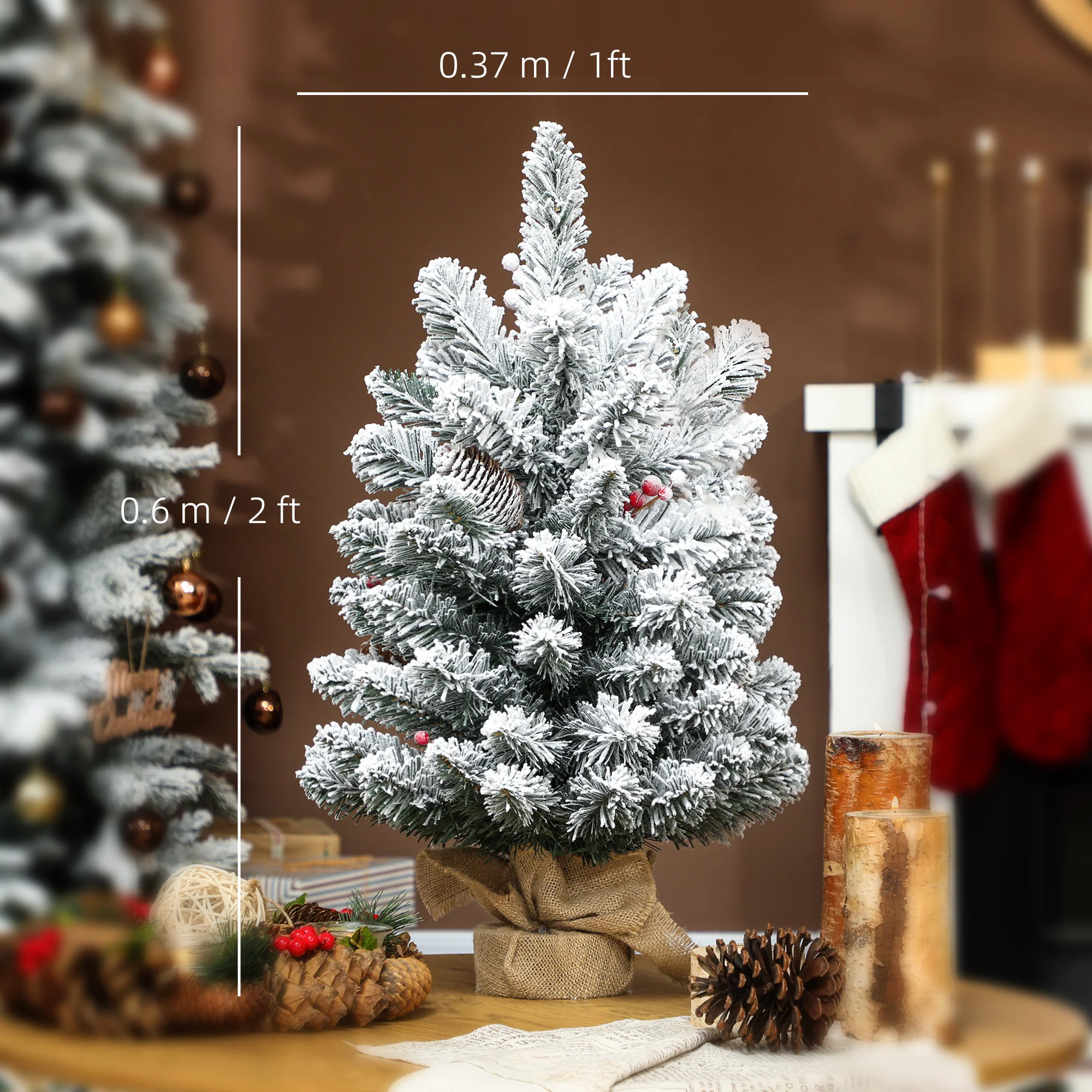 HOMCOM 60 cm Prelit Small Christmas Tree, Snow Flocked Tabletop Xmas Tree - Image 3