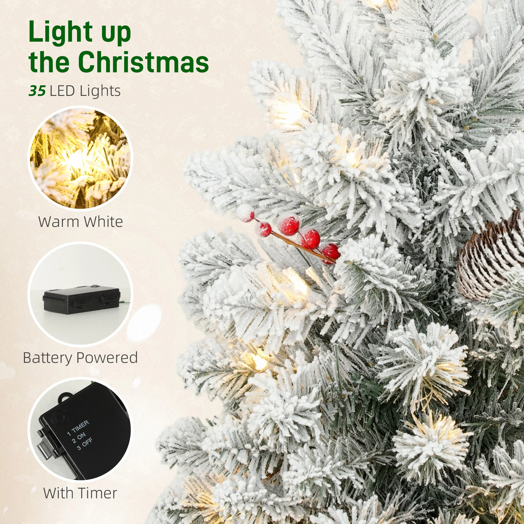 HOMCOM 60 cm Prelit Small Christmas Tree, Snow Flocked Tabletop Xmas Tree - Image 5