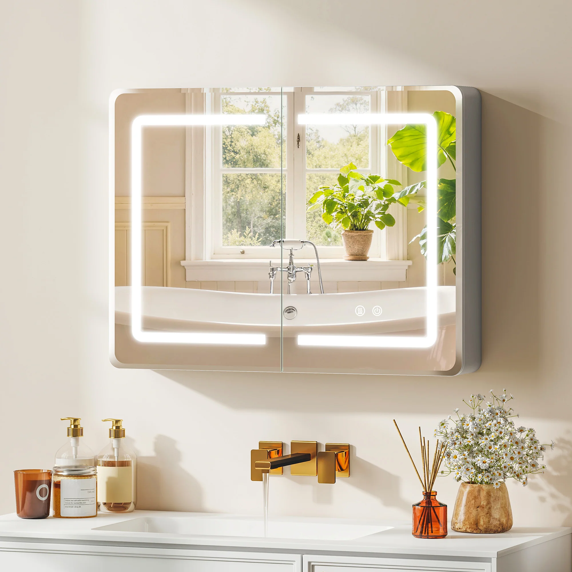 HOMCOM 60 x 80 cm LED Bathroom Mirror Cabinet with Double-Sided Mirrors - Image 2