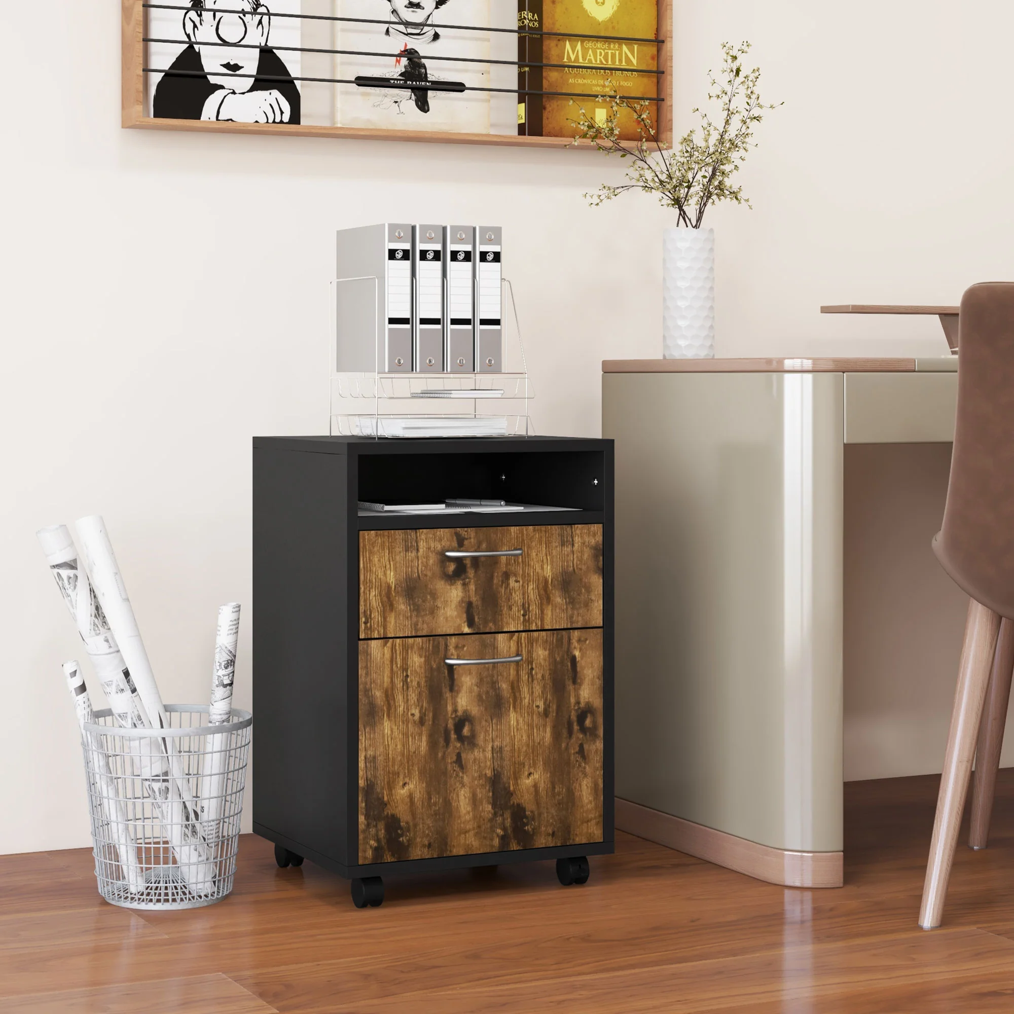 HOMCOM 60cm Filing Cabinet with Drawers and Open Shelf - Image 11