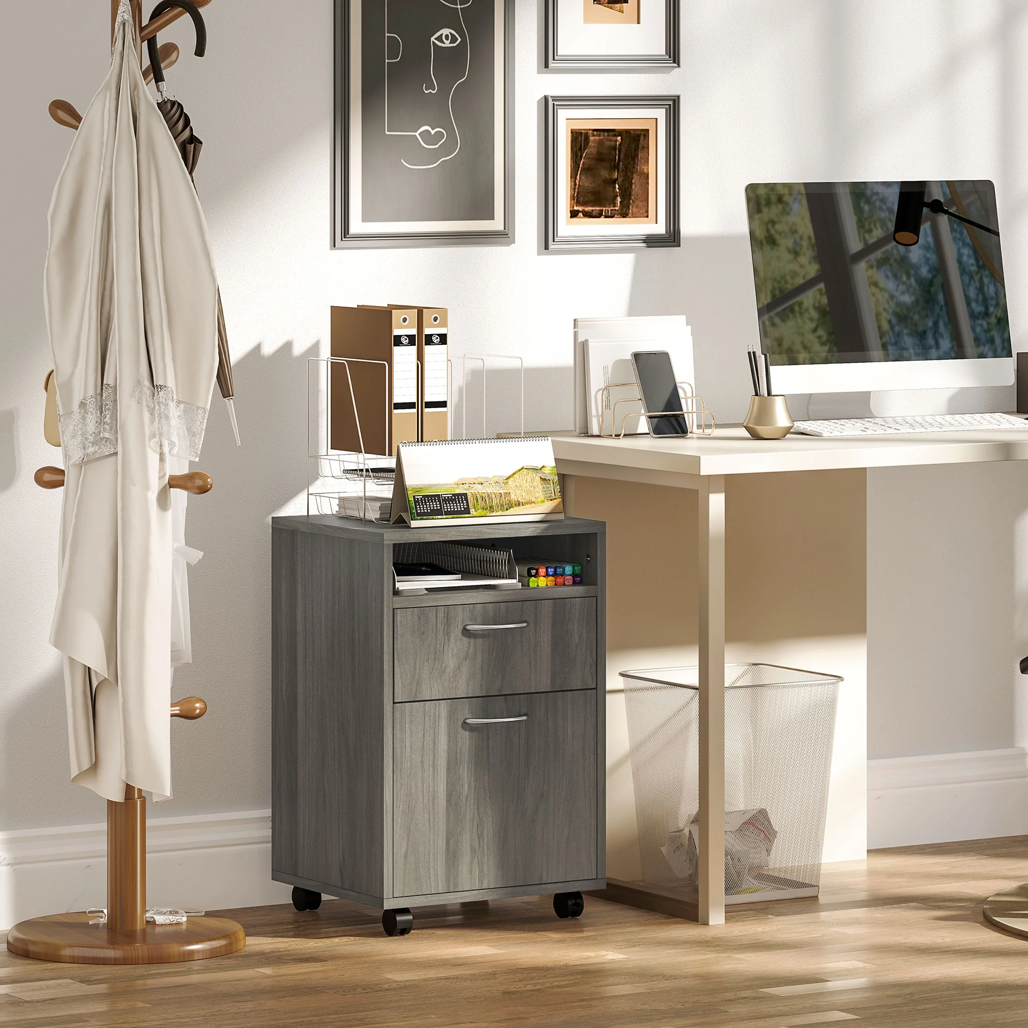 HOMCOM 60cm Filing Cabinet with Drawers and Open Shelf - Image 2