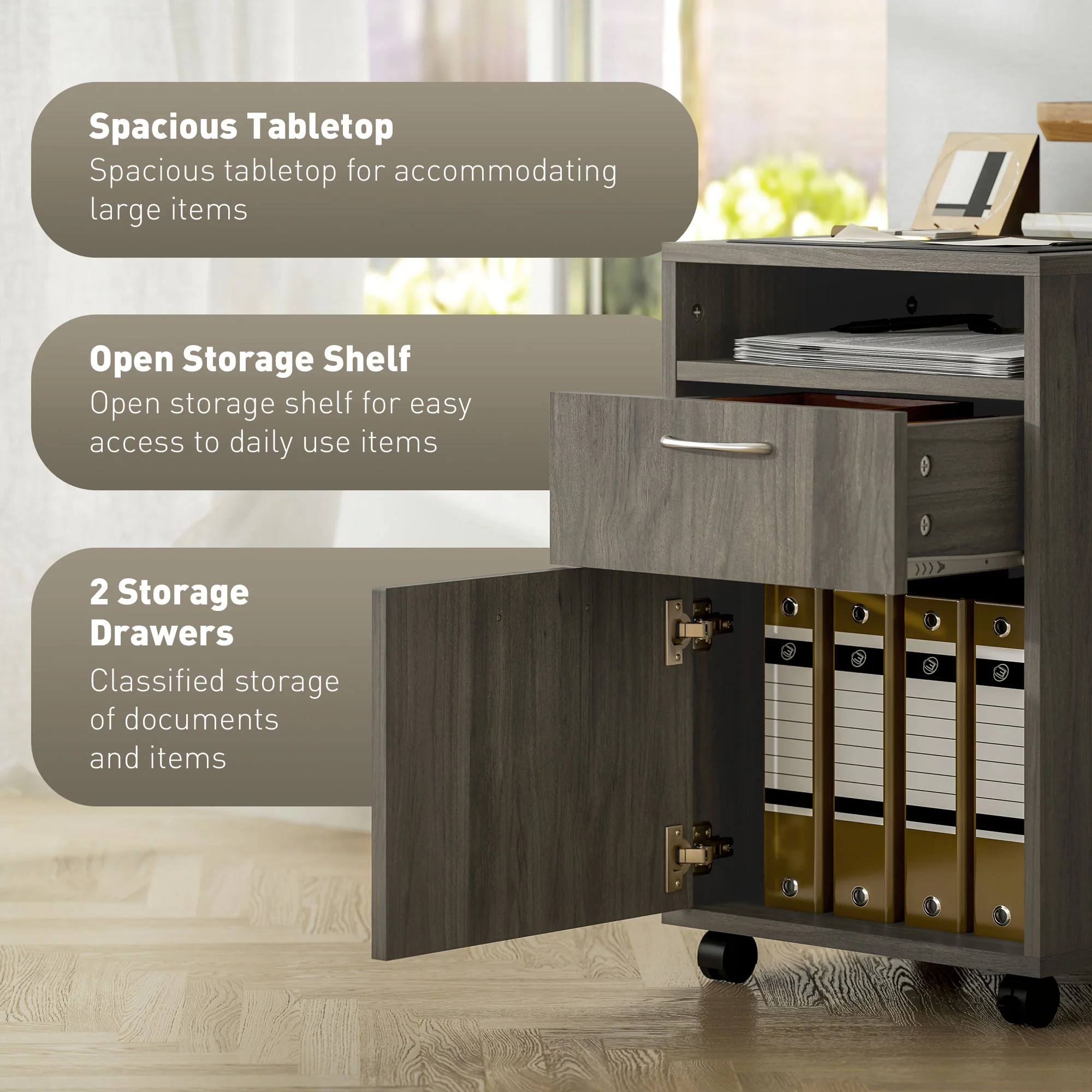 HOMCOM 60cm Filing Cabinet with Drawers and Open Shelf - Image 3
