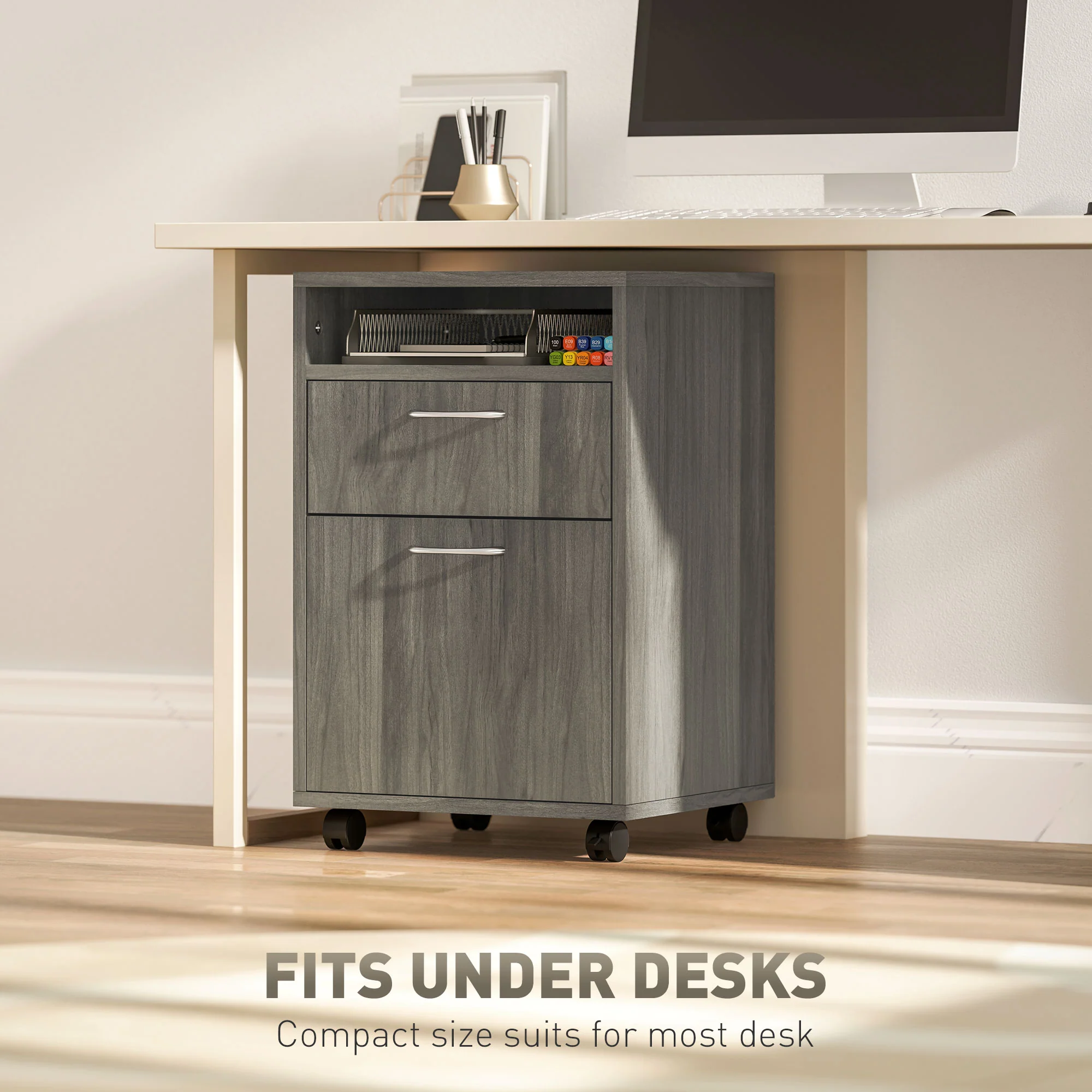 HOMCOM 60cm Filing Cabinet with Drawers and Open Shelf - Image 4