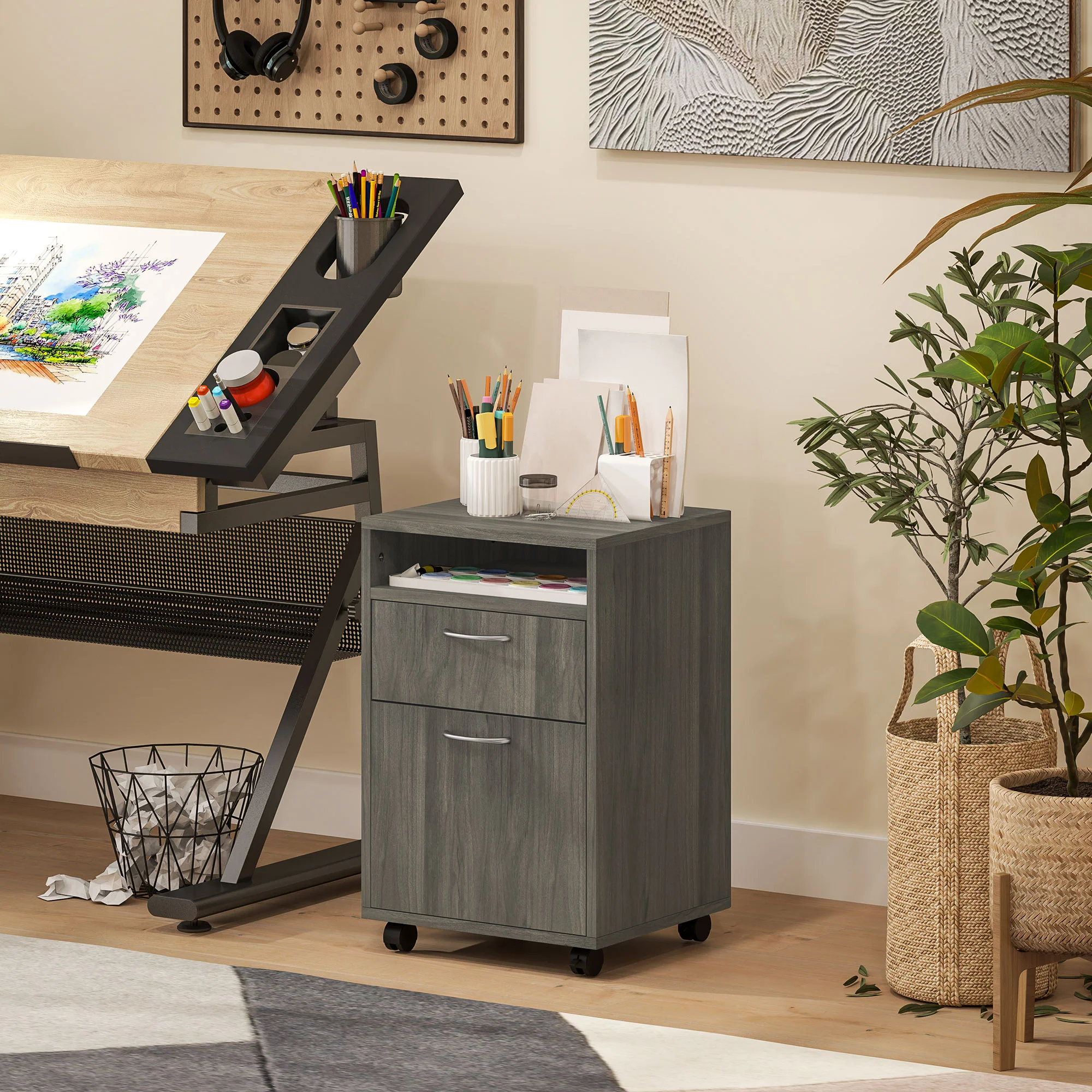 HOMCOM 60cm Filing Cabinet with Drawers and Open Shelf - Image 8