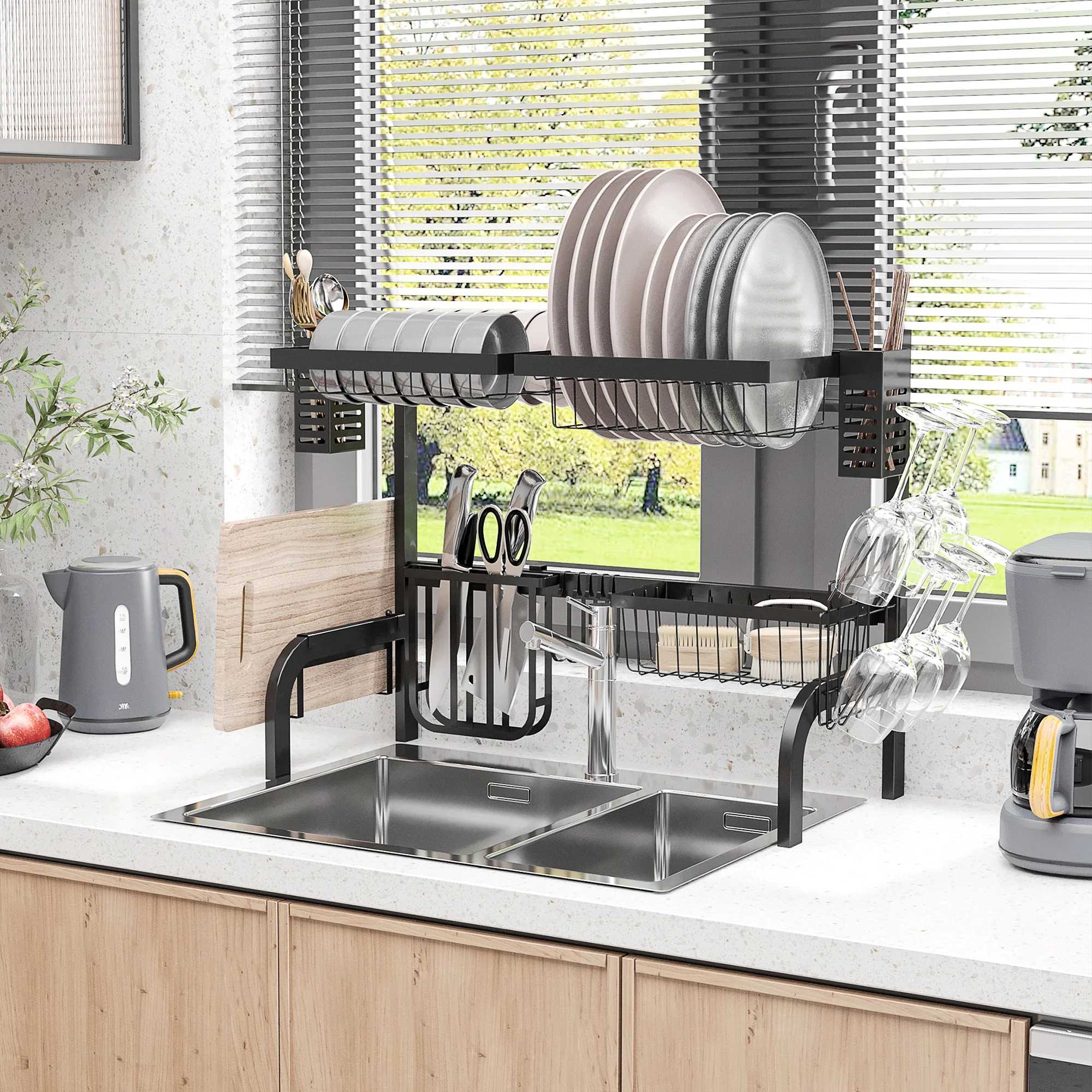 HOMCOM 65cm Over The Sink Dish Drainer Rack, 2 Tier Dish Rack For Kitchen, Black - Image 2