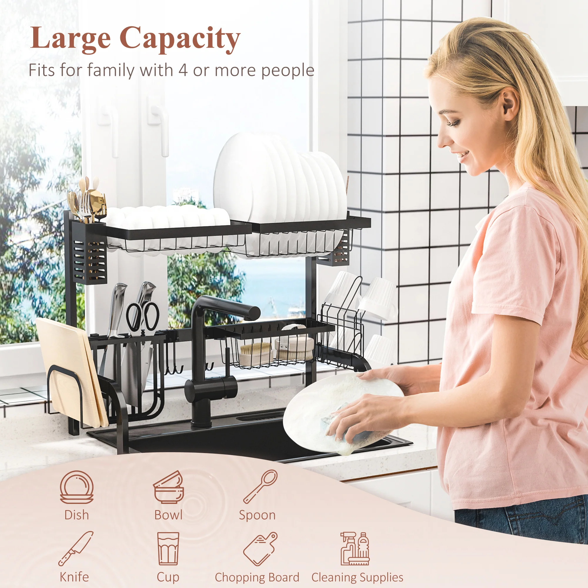 HOMCOM 65cm Over The Sink Dish Drainer Rack, 2 Tier Dish Rack For Kitchen, Black - Image 3
