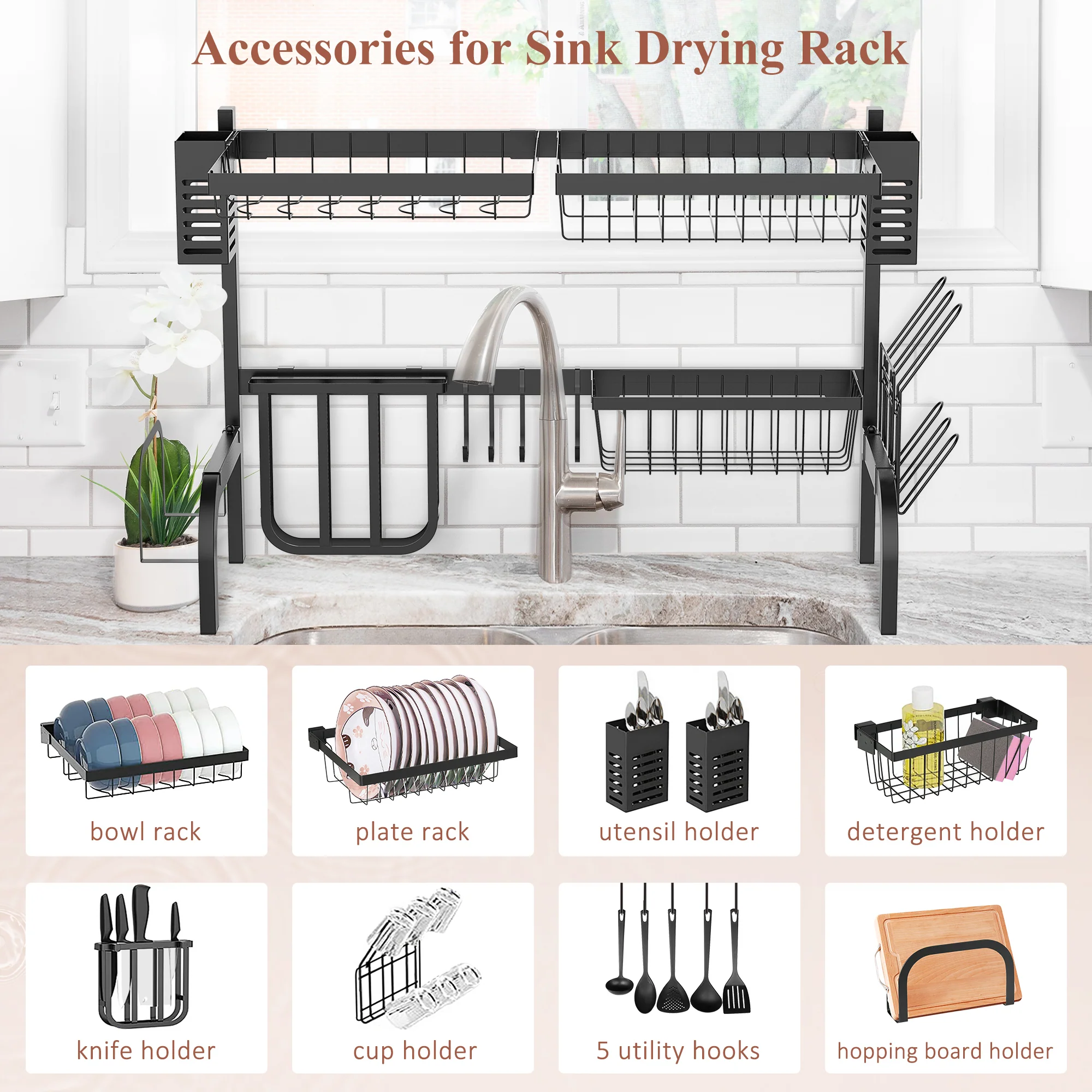 HOMCOM 65cm Over The Sink Dish Drainer Rack, 2 Tier Dish Rack For Kitchen, Black - Image 4