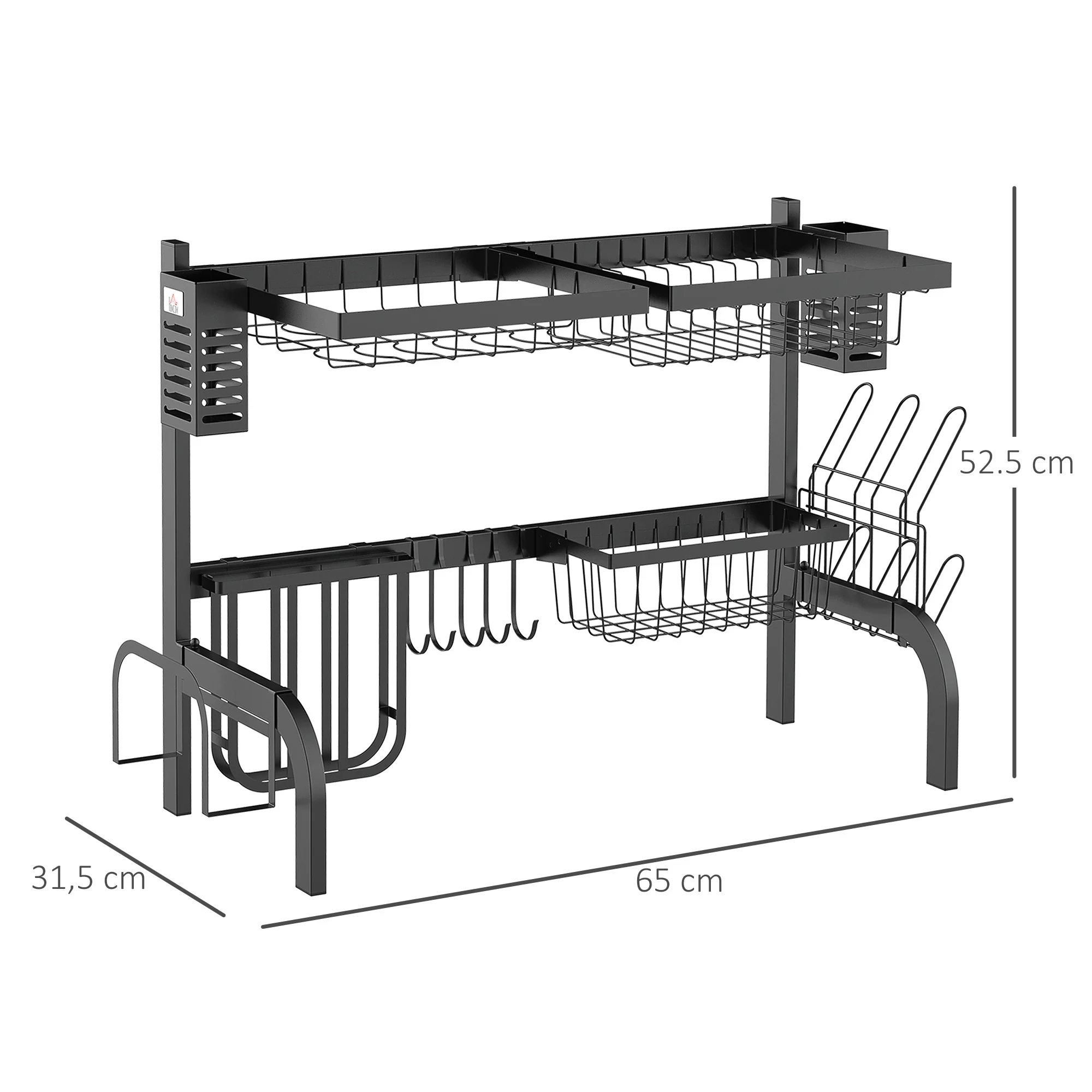 HOMCOM 65cm Over The Sink Dish Drainer Rack, 2 Tier Dish Rack For Kitchen, Black - Image 5