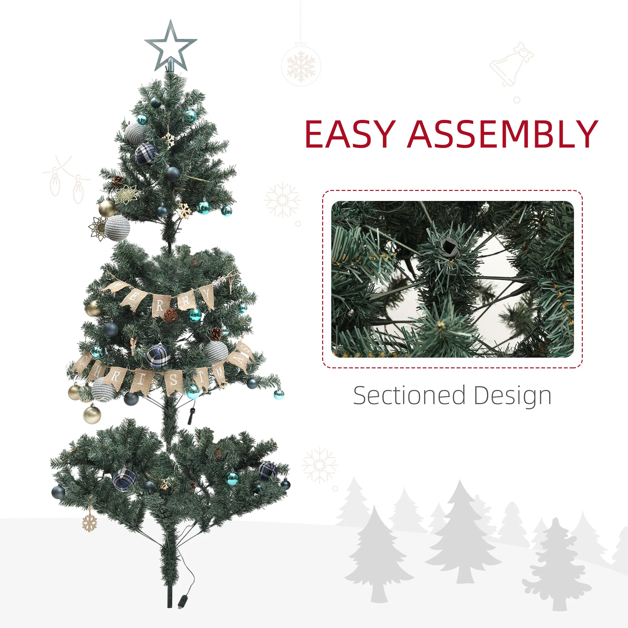 HOMCOM 6ft Artificial Christmas Tree With LED Lights And Red Decorations - Image 6