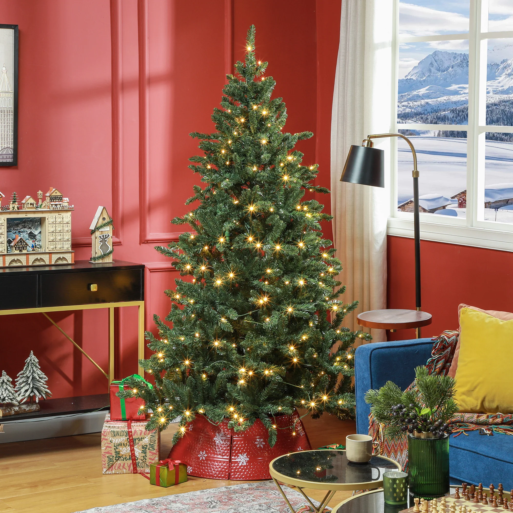 HOMCOM 6ft Artificial Christmas Tree with Warm White LED Light, Metal Base - Image 2