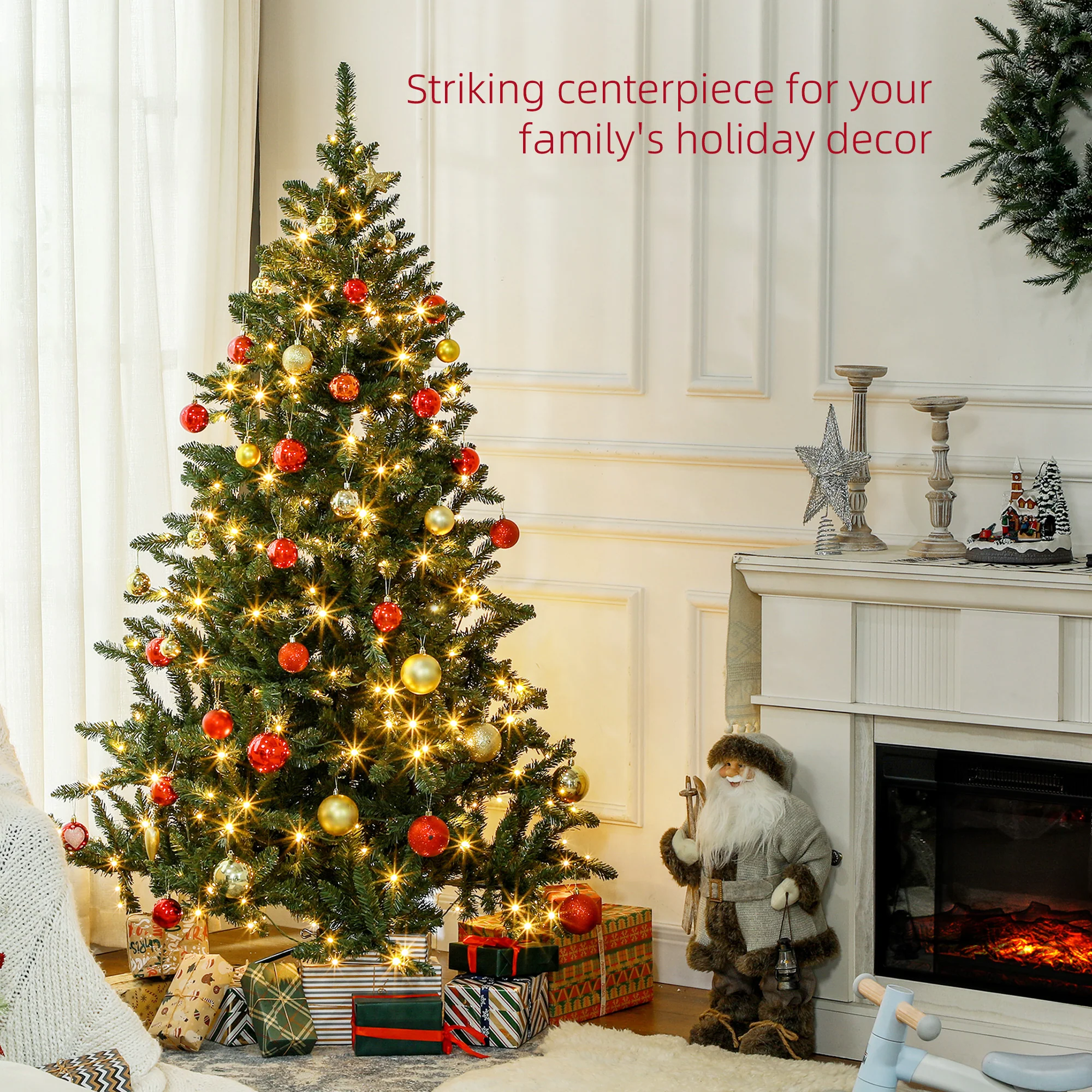 HOMCOM 6ft Artificial Christmas Tree with Warm White LED Light, Metal Base - Image 4