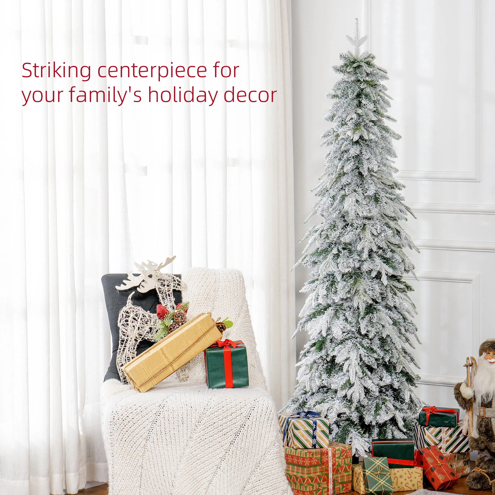 HOMCOM 6ft Flocked Pencil Christmas Tree With Auto Open, Steel Base - Image 3