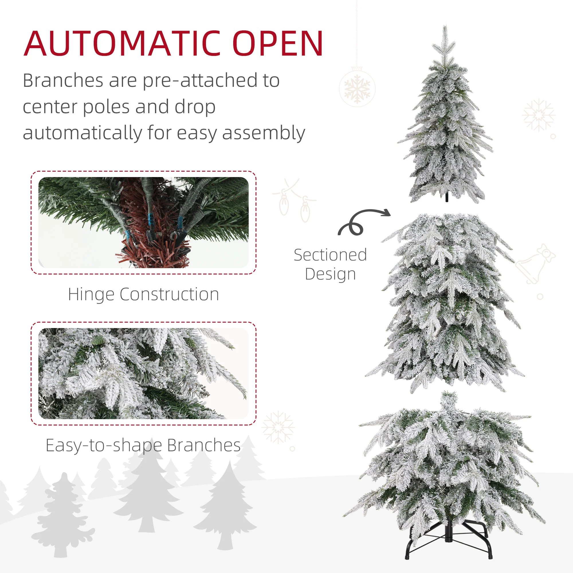 HOMCOM 6ft Flocked Pencil Christmas Tree With Auto Open, Steel Base - Image 6