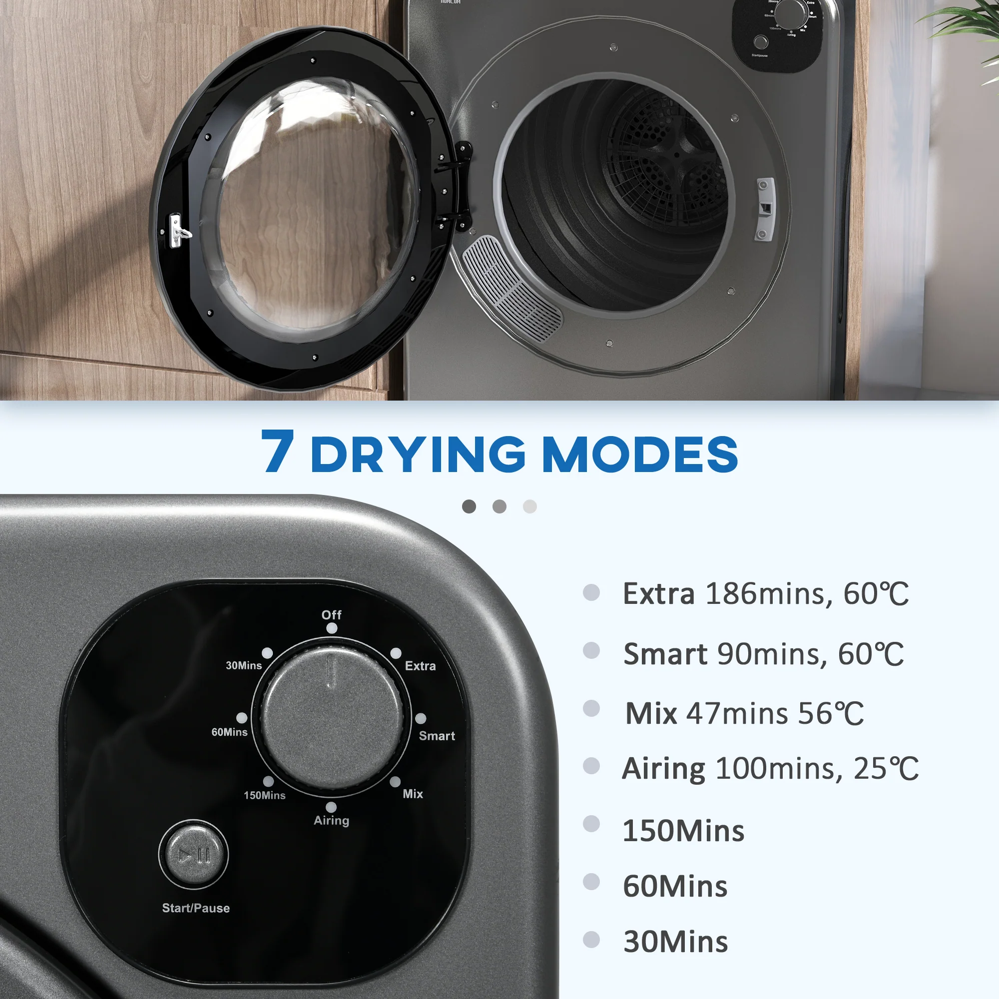 HOMCOM 6kg Vented Tumble Dryer With 7 Dry Programmers For Small Spaces Grey - Image 3