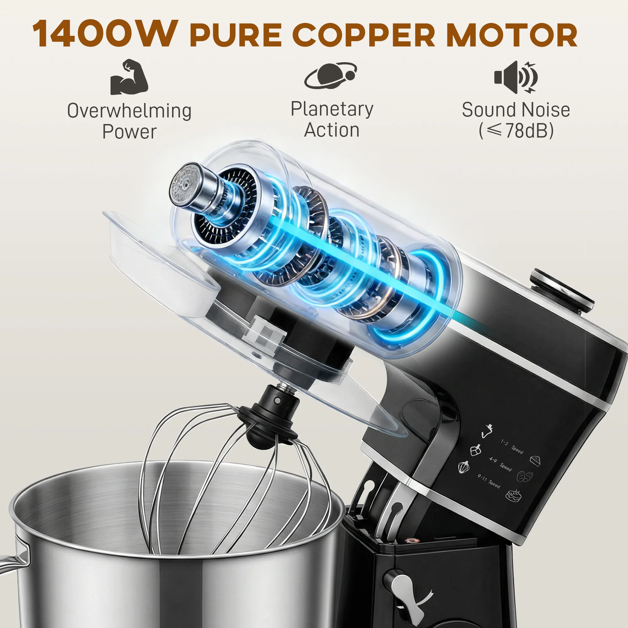 HOMCOM 6L 1400W Stand Mixer With 11 Speeds & Fermentation Function, Black - Image 4
