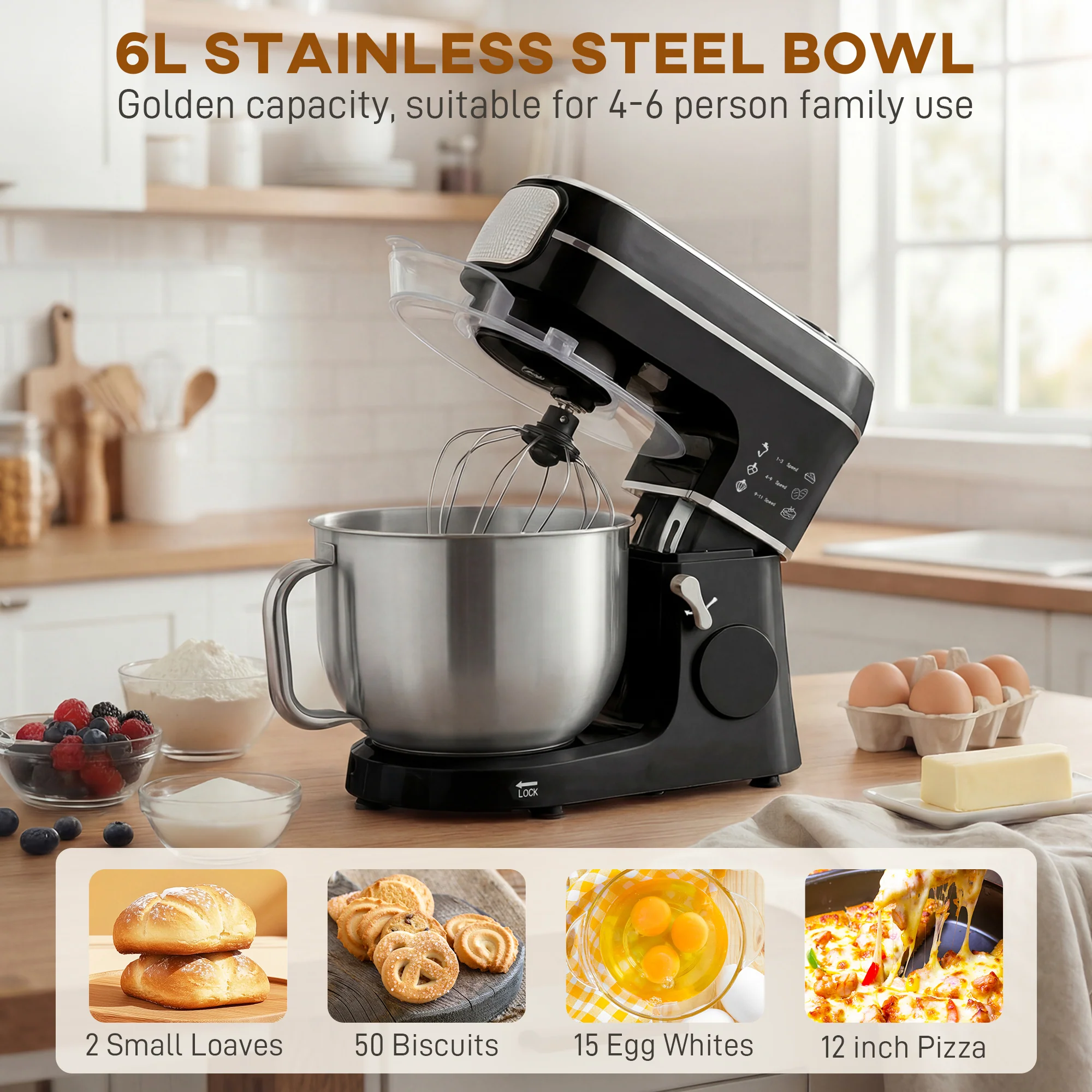 HOMCOM 6L 1400W Stand Mixer With 11 Speeds & Fermentation Function, Black - Image 5