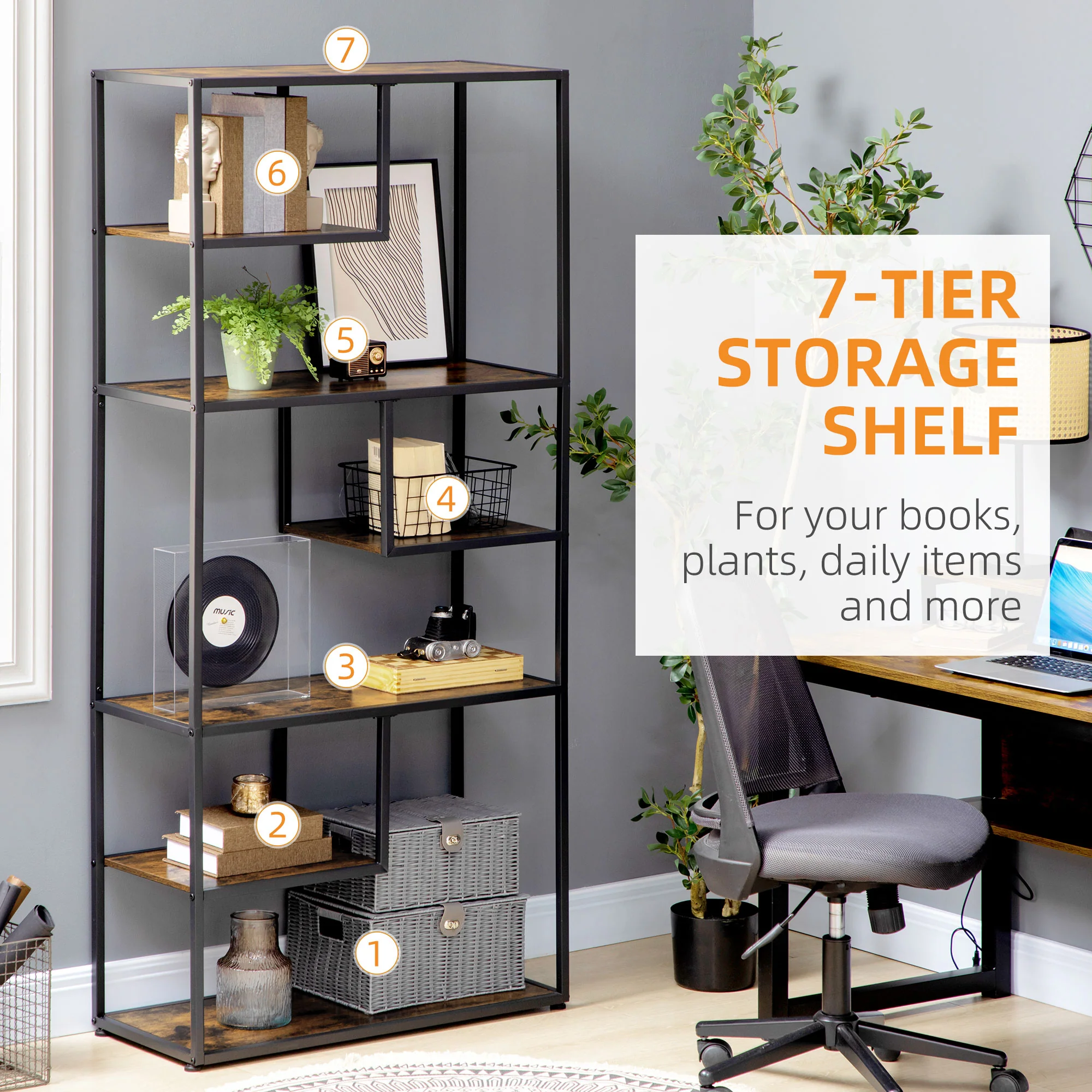HOMCOM 7 Tier Storage Shelves, Free Standing Book Shelf for Study, Living Room - Image 4