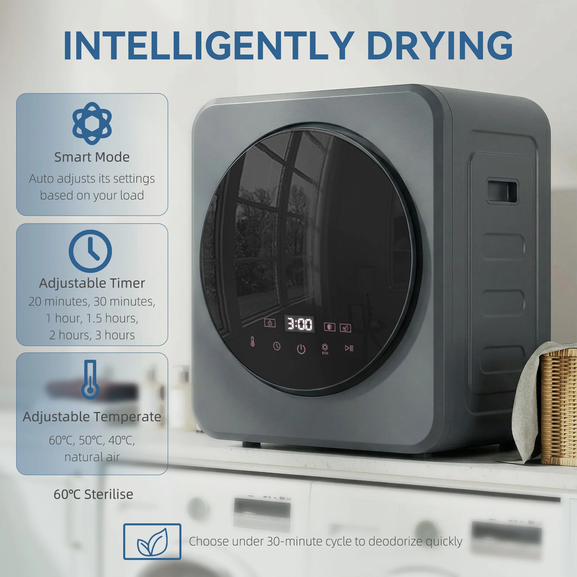 HOMCOM 800W Compact Dryer Machine, 4kg Small Vented Tumble Dryer, Grey - Image 2
