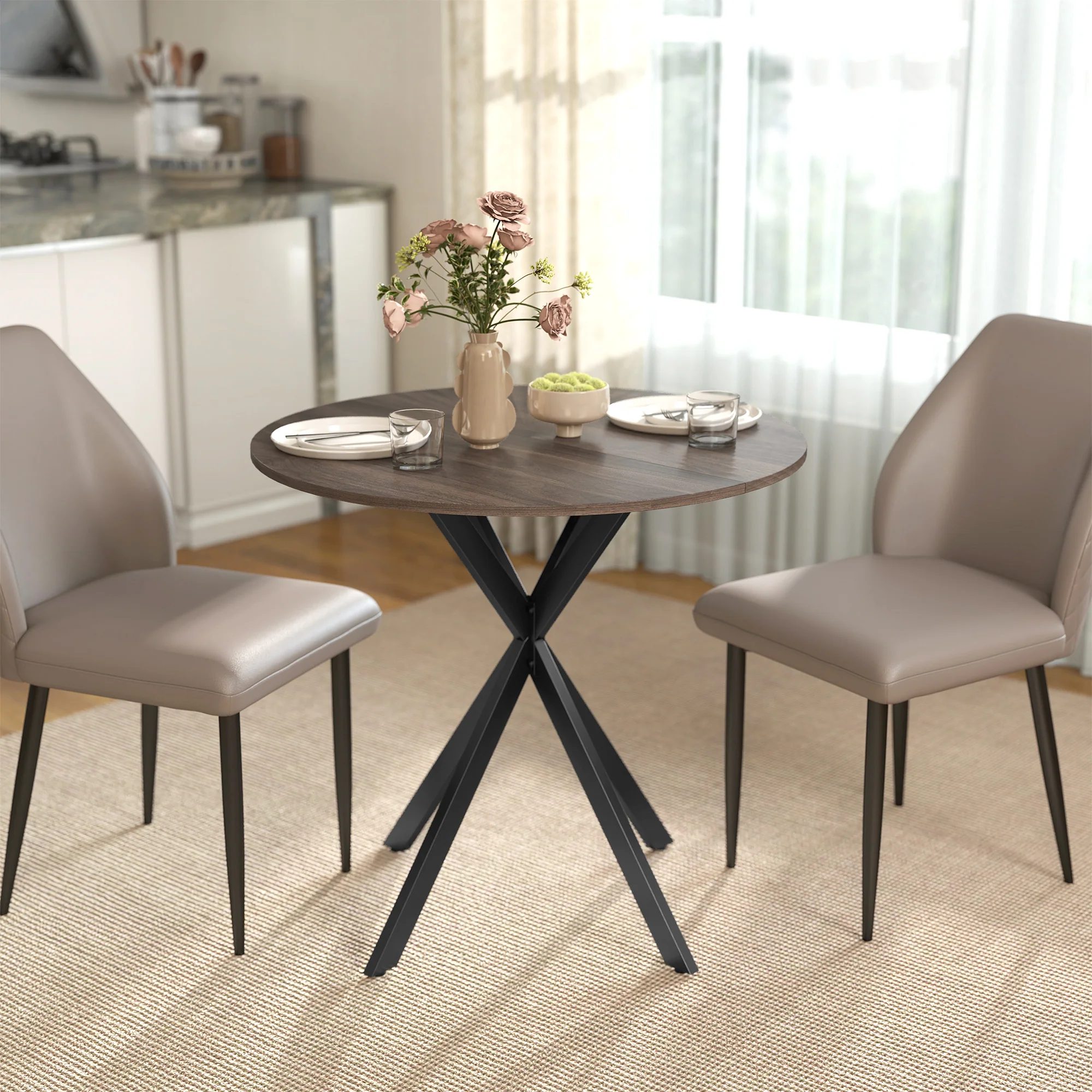 HOMCOM 80cm Round Dining Table, Industrial Kitchen Table With Steel Legs - Image 2