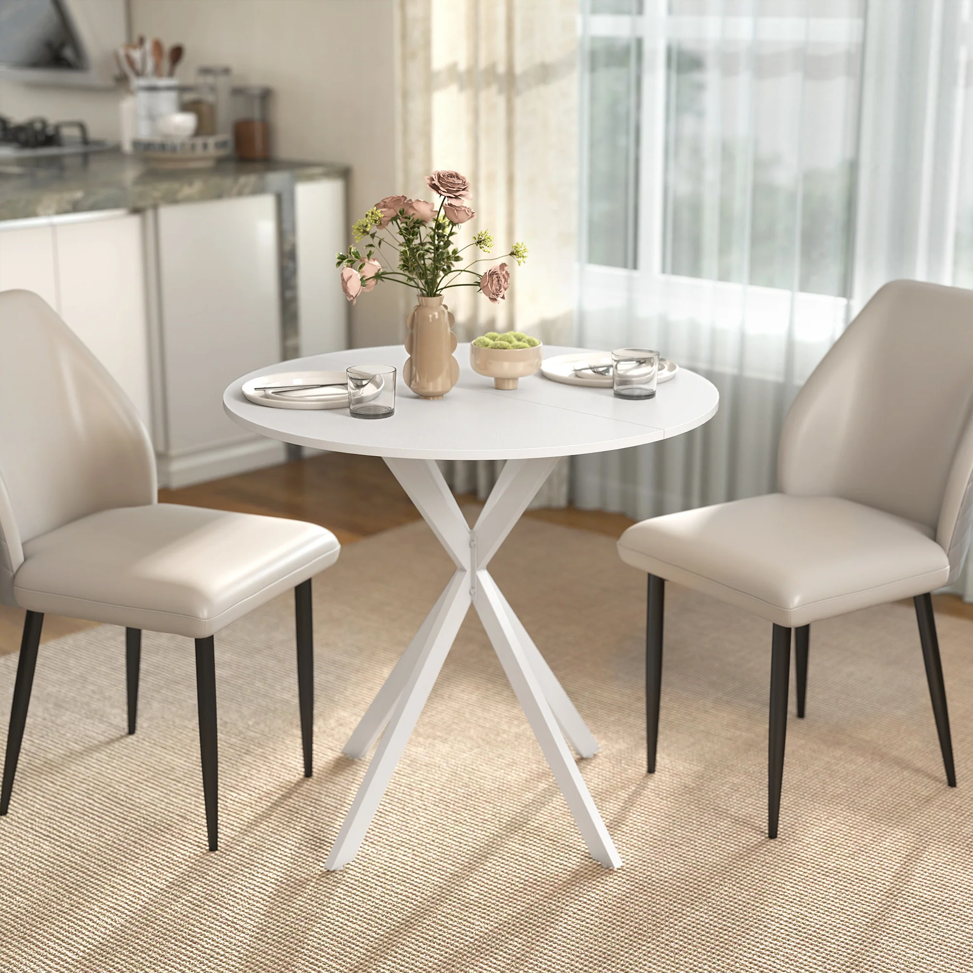 HOMCOM 80cm Round Dining Table, Industrial Kitchen Table With Steel Legs - Image 2