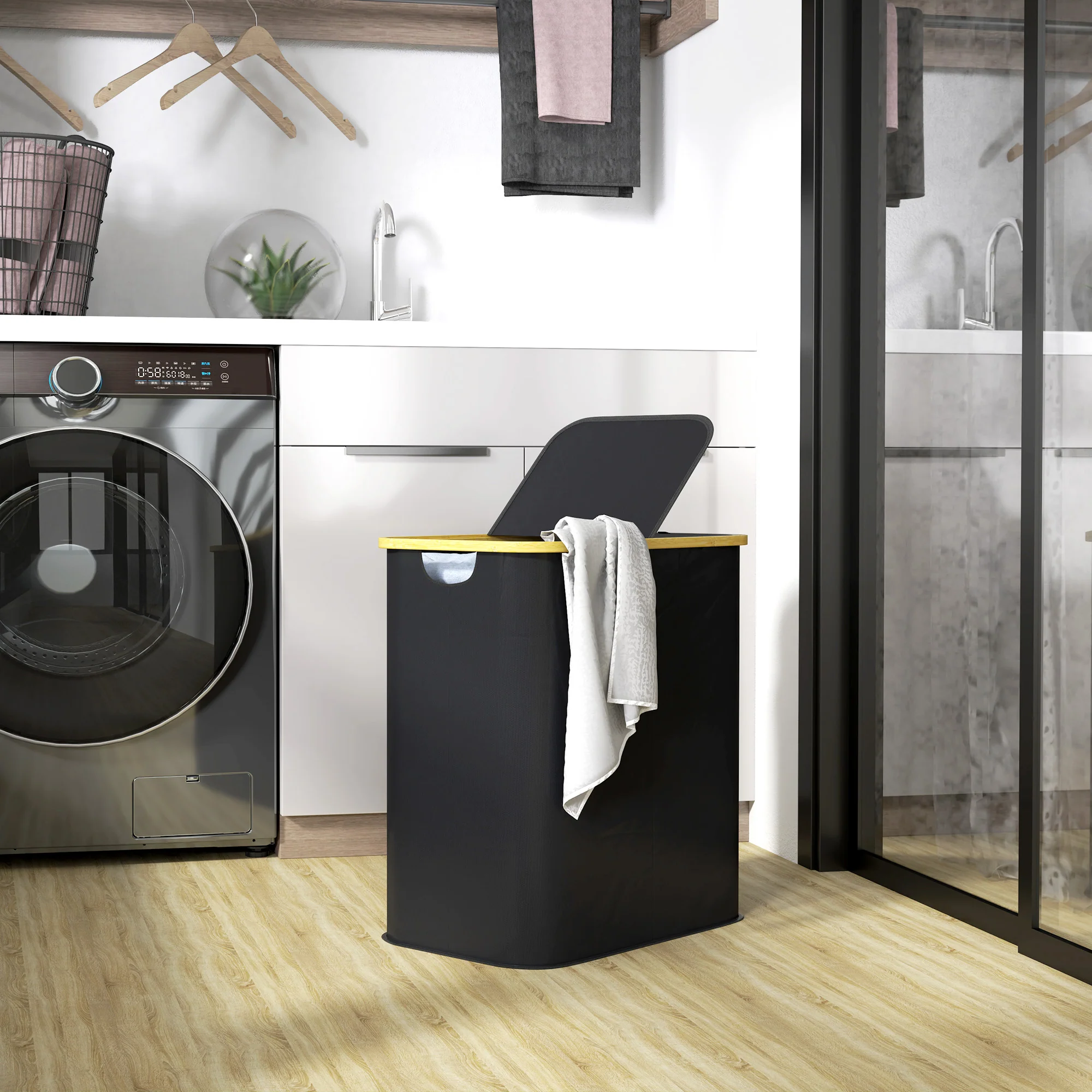 HOMCOM 80L Collapsible Laundry Hamper, Washing Basket for Bathroom, Black - Image 2