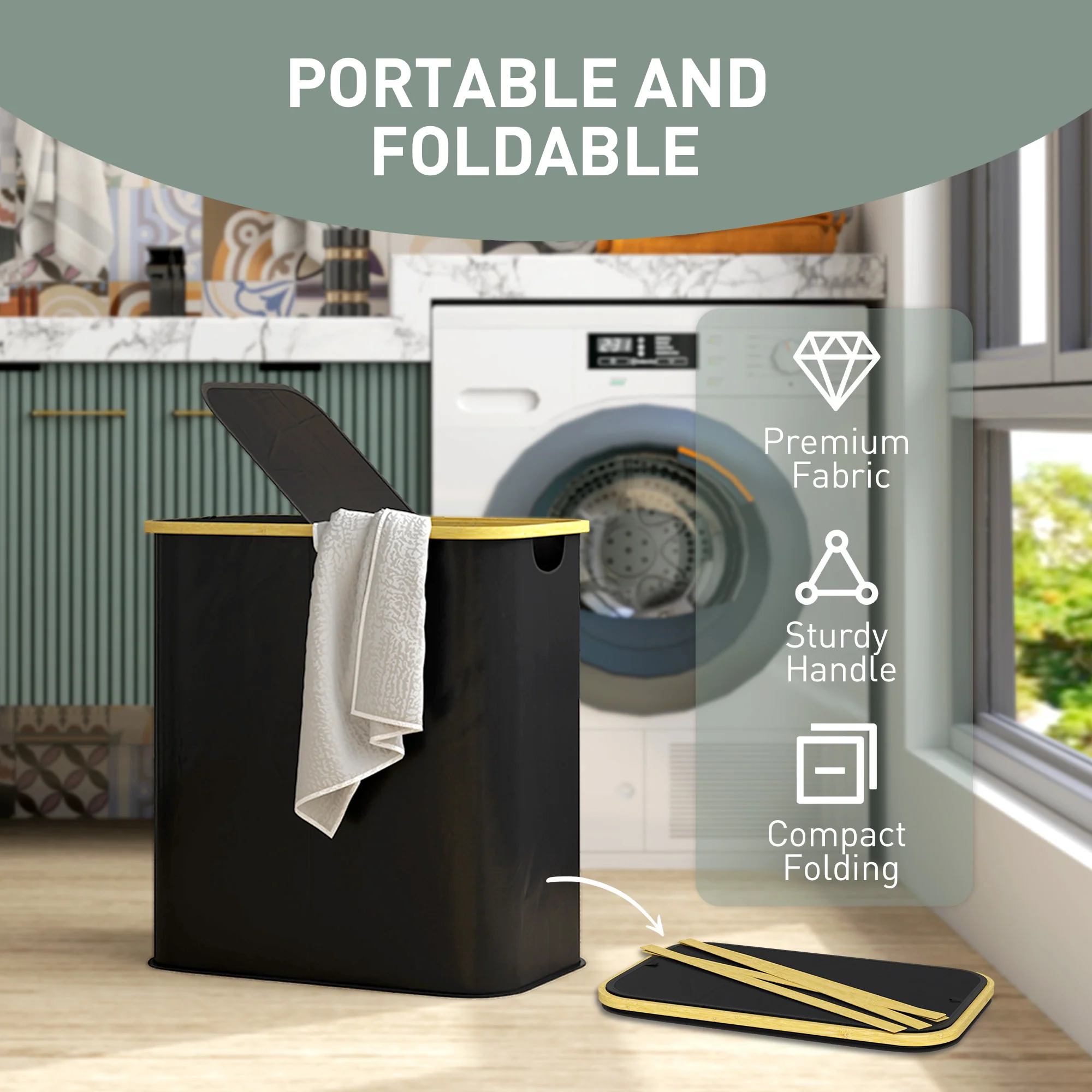 HOMCOM 80L Collapsible Laundry Hamper, Washing Basket for Bathroom, Black - Image 6