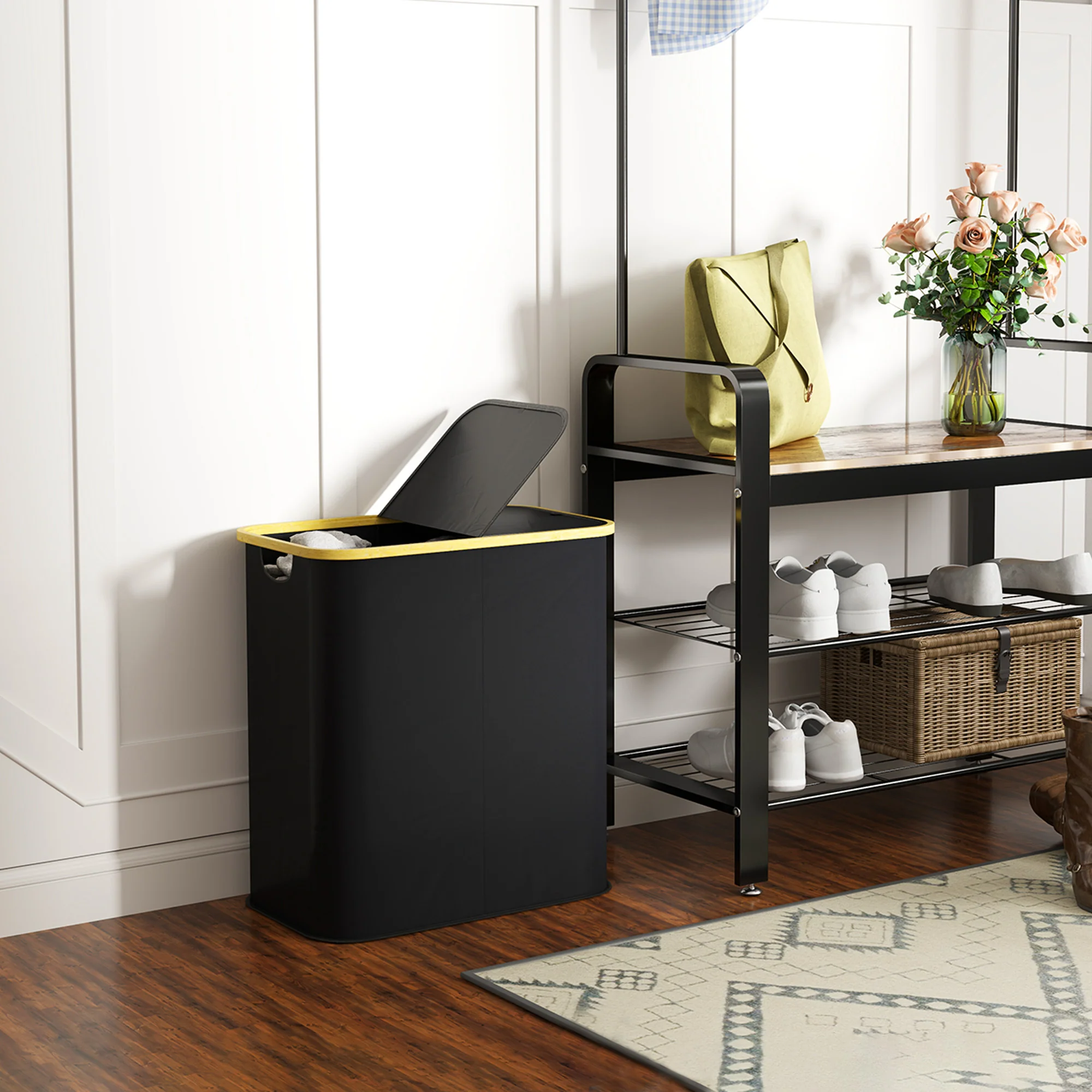 HOMCOM 80L Collapsible Laundry Hamper, Washing Basket for Bathroom, Black - Image 8