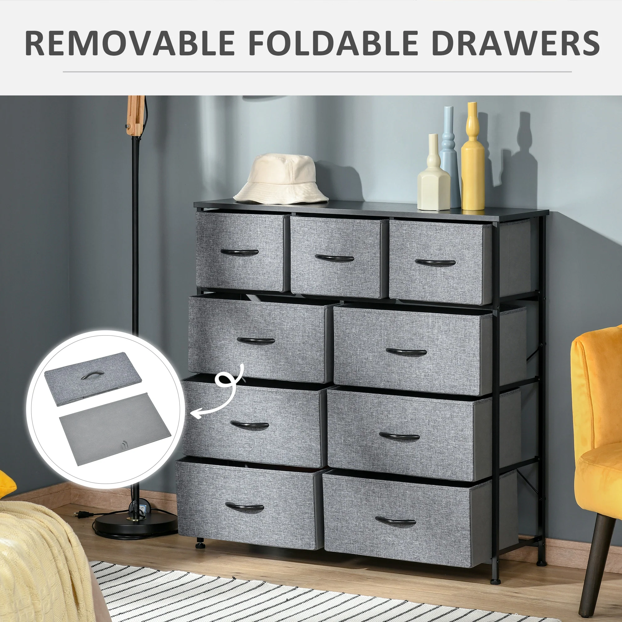 HOMCOM 9 Drawers Storage Chest Dresser Organizer Unit w/ Foldable Bin - Image 6