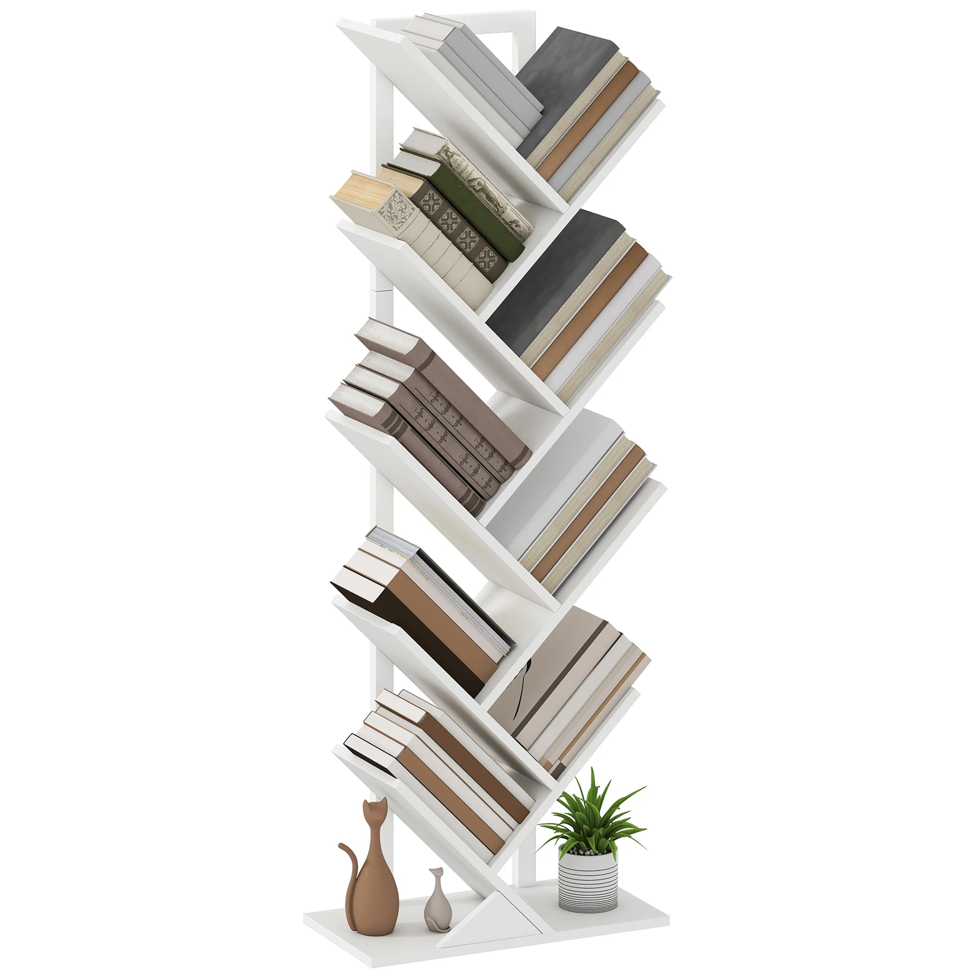 HOMCOM 9-Tier Tree Bookshelf with Steel Frame for Living Room, White