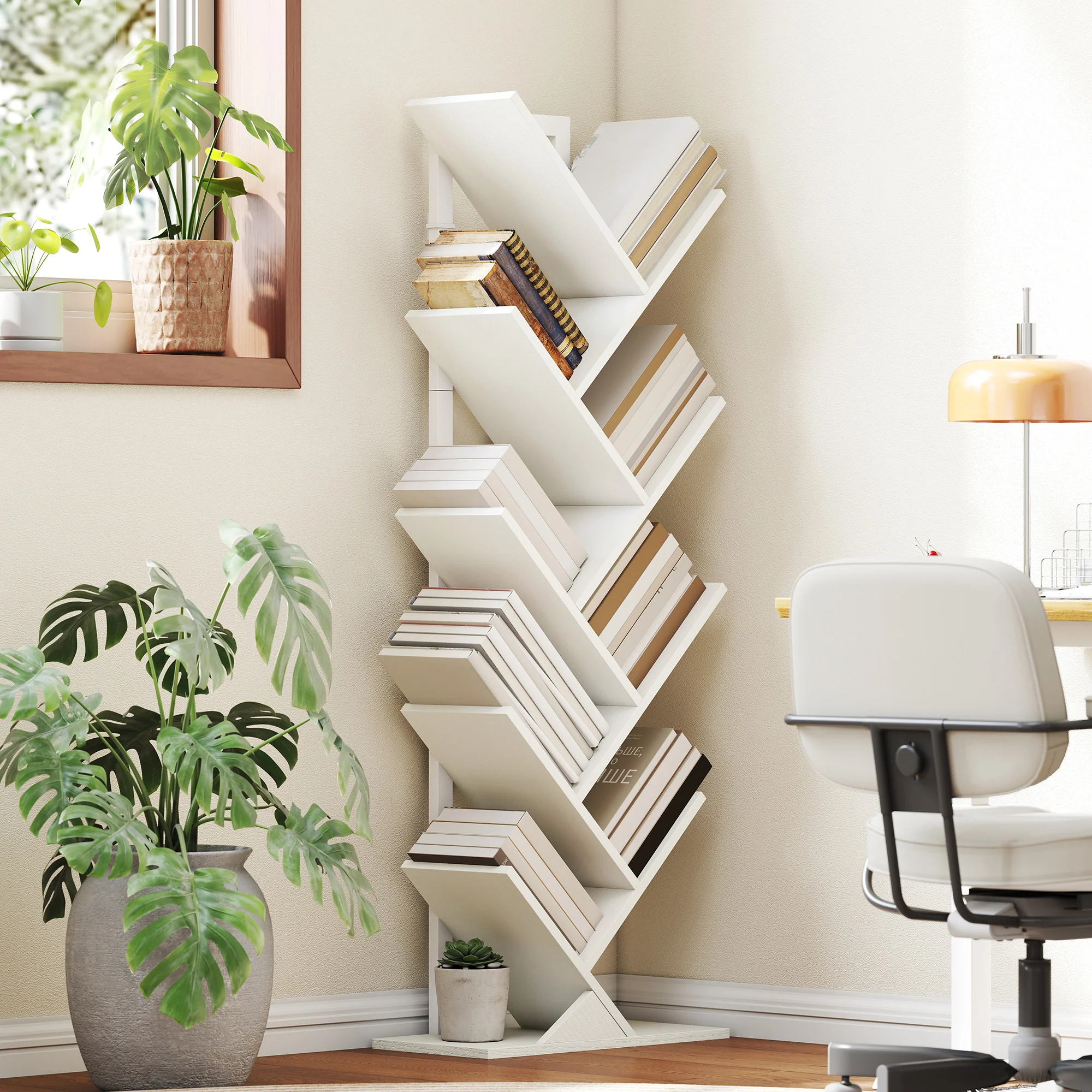 HOMCOM 9-Tier Tree Bookshelf with Steel Frame for Living Room, White - Image 2